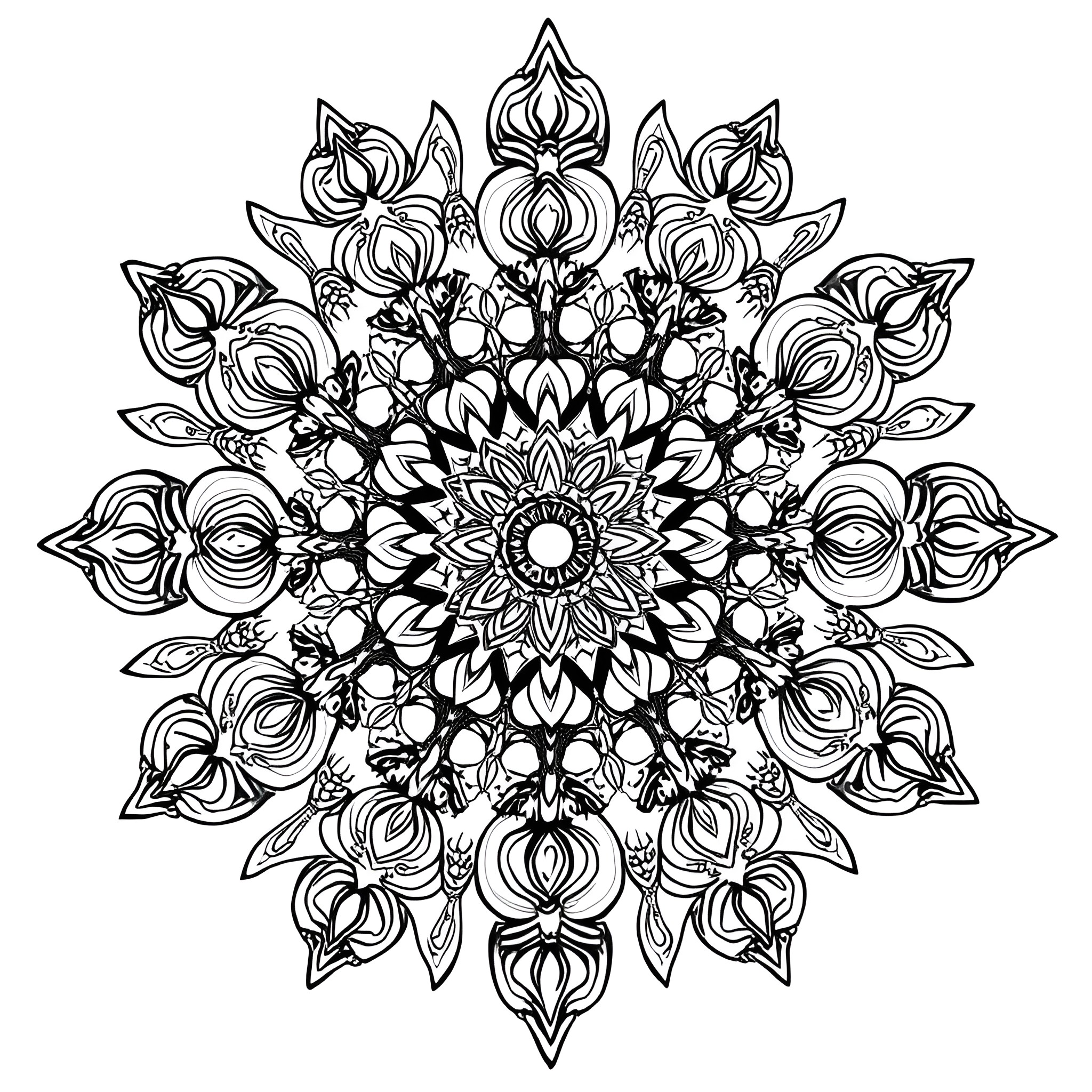 Food: Intricate floral mandala pattern Coloring Page (free black-and-white line drawing printable PDF for all, from beginners to advanced learners, including children, teens, adults, and seniors)