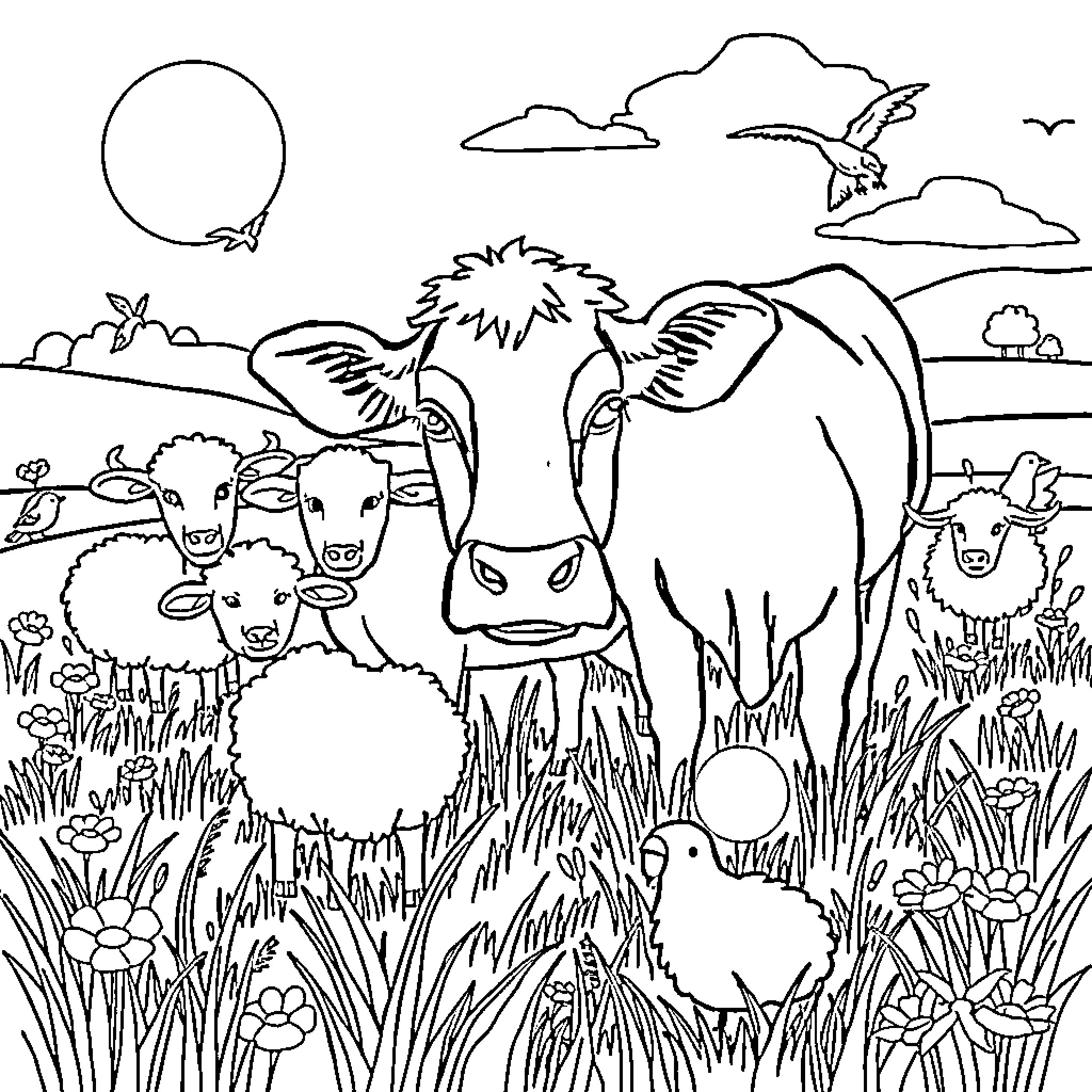 Animal herd grazing peacefully in the meadow Coloring Page (free black-and-white line drawing printable PDF for all, from beginners to advanced learners, including children, teens, adults, and seniors)