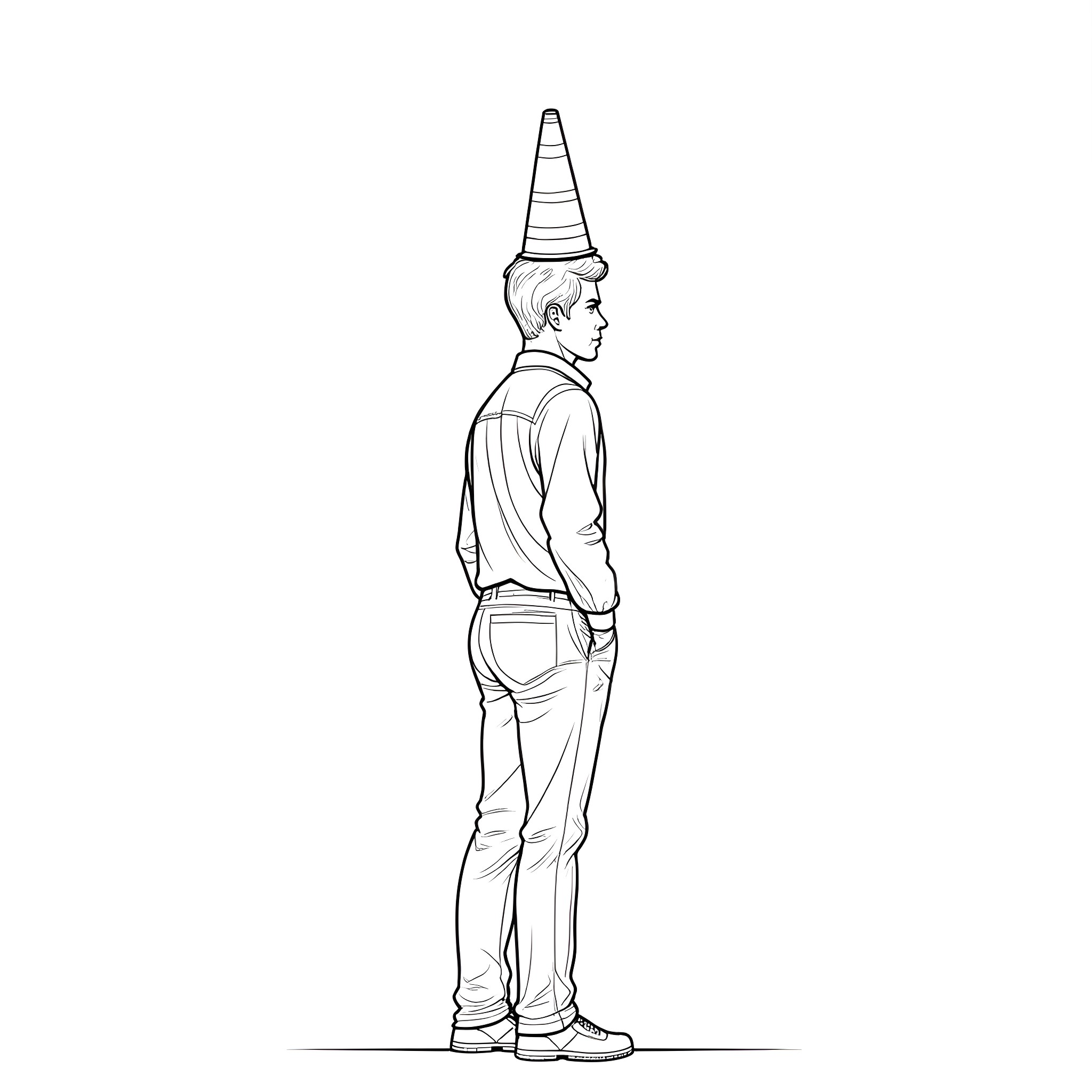 Man wearing a cone hat standing Coloring Page (free black-and-white line drawing printable PDF for all, from beginners to advanced learners, including children, teens, adults, and seniors)