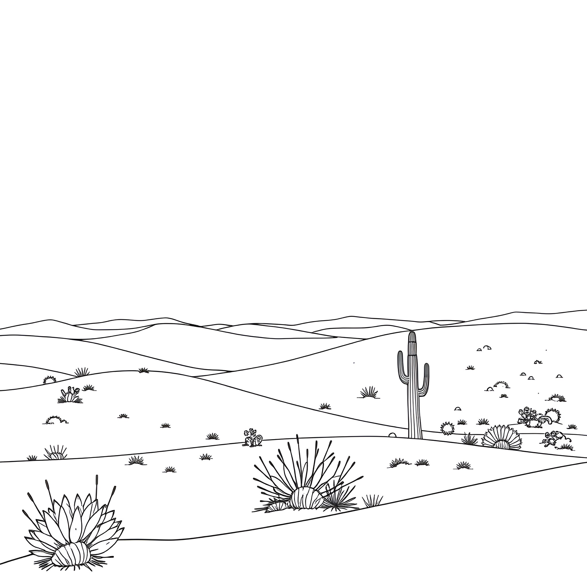 Plant illustration of desert landscape Coloring Page (free black-and-white line drawing printable PDF for all, from beginners to advanced learners, including children, teens, adults, and seniors)