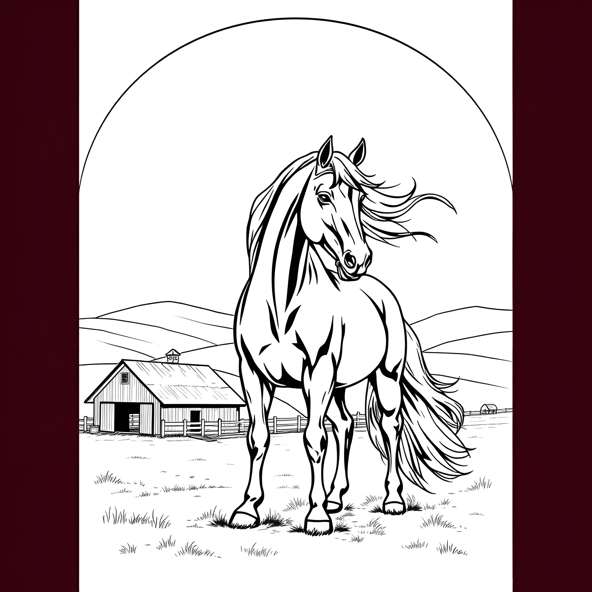 Workhorse Stands Tall in the Countryside Coloring Page (free black-and-white line drawing printable PDF for all, from beginners to advanced learners, including children, teens, adults, and seniors)