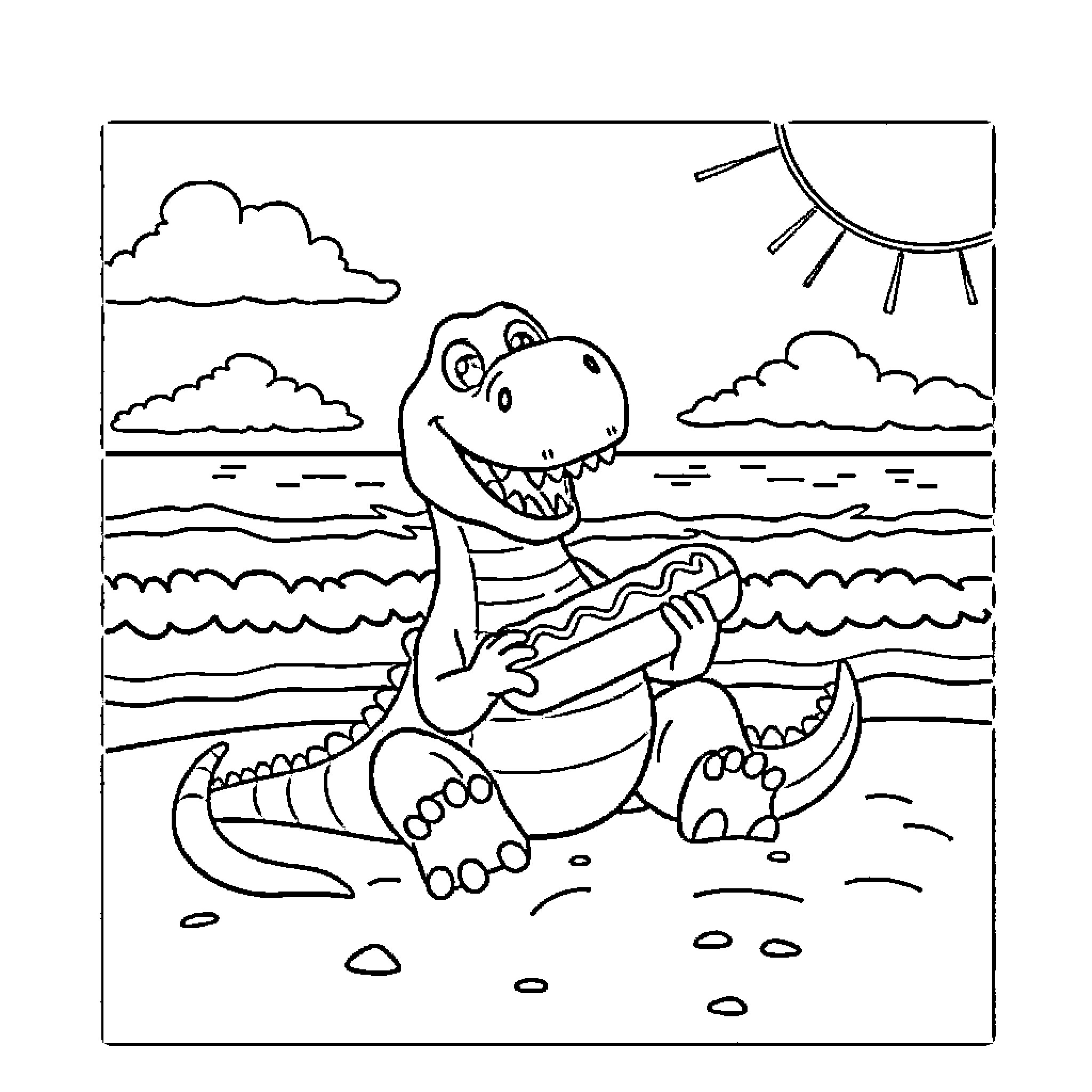 Dinosaur enjoying a day at the beach Coloring Page (free black-and-white line drawing printable PDF for all, from beginners to advanced learners, including children, teens, adults, and seniors)