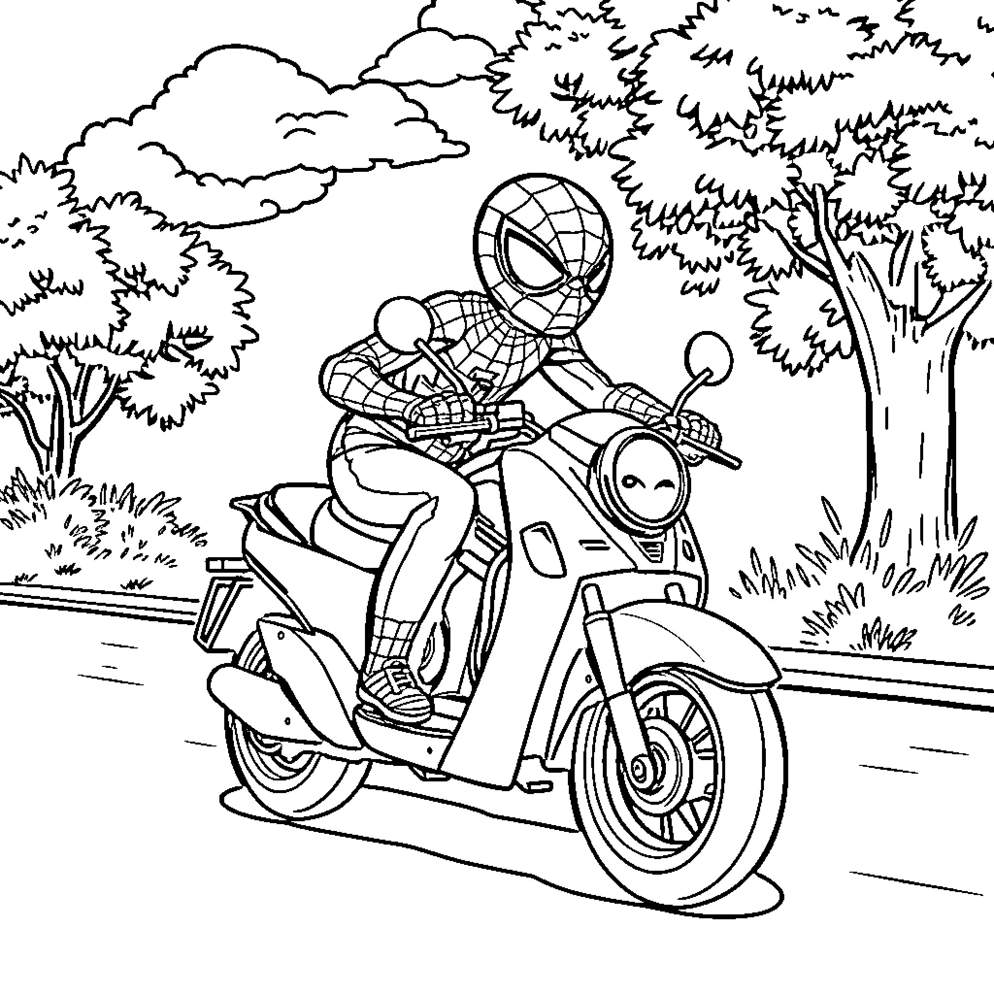 Spidey cruising through the city on a scooter Coloring Page (free black-and-white line drawing printable PDF for all, from beginners to advanced learners, including children, teens, adults, and seniors)