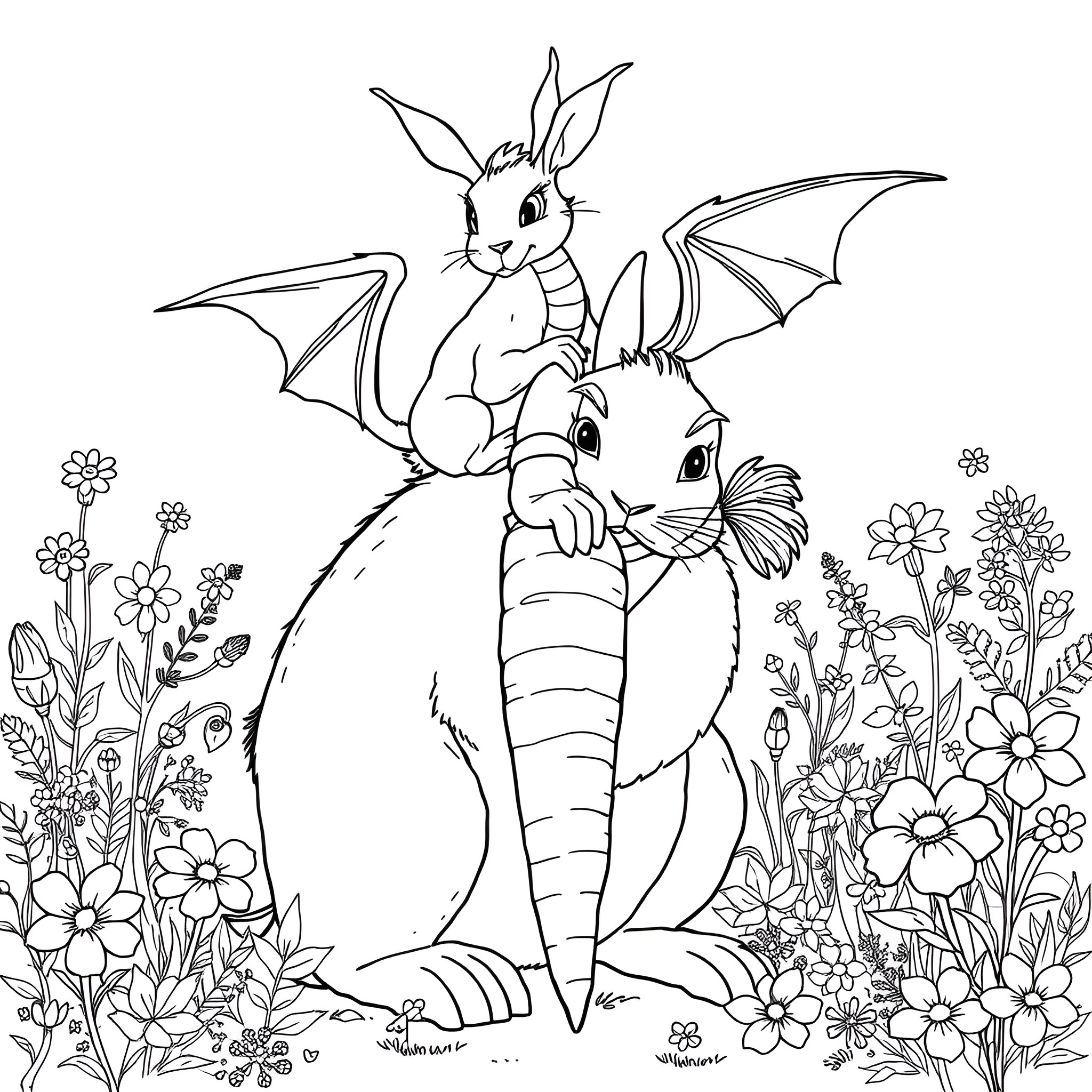 Dragon and bunny playing in a floral field Coloring Page (free black-and-white line drawing printable PDF for all, from beginners to advanced learners, including children, teens, adults, and seniors)