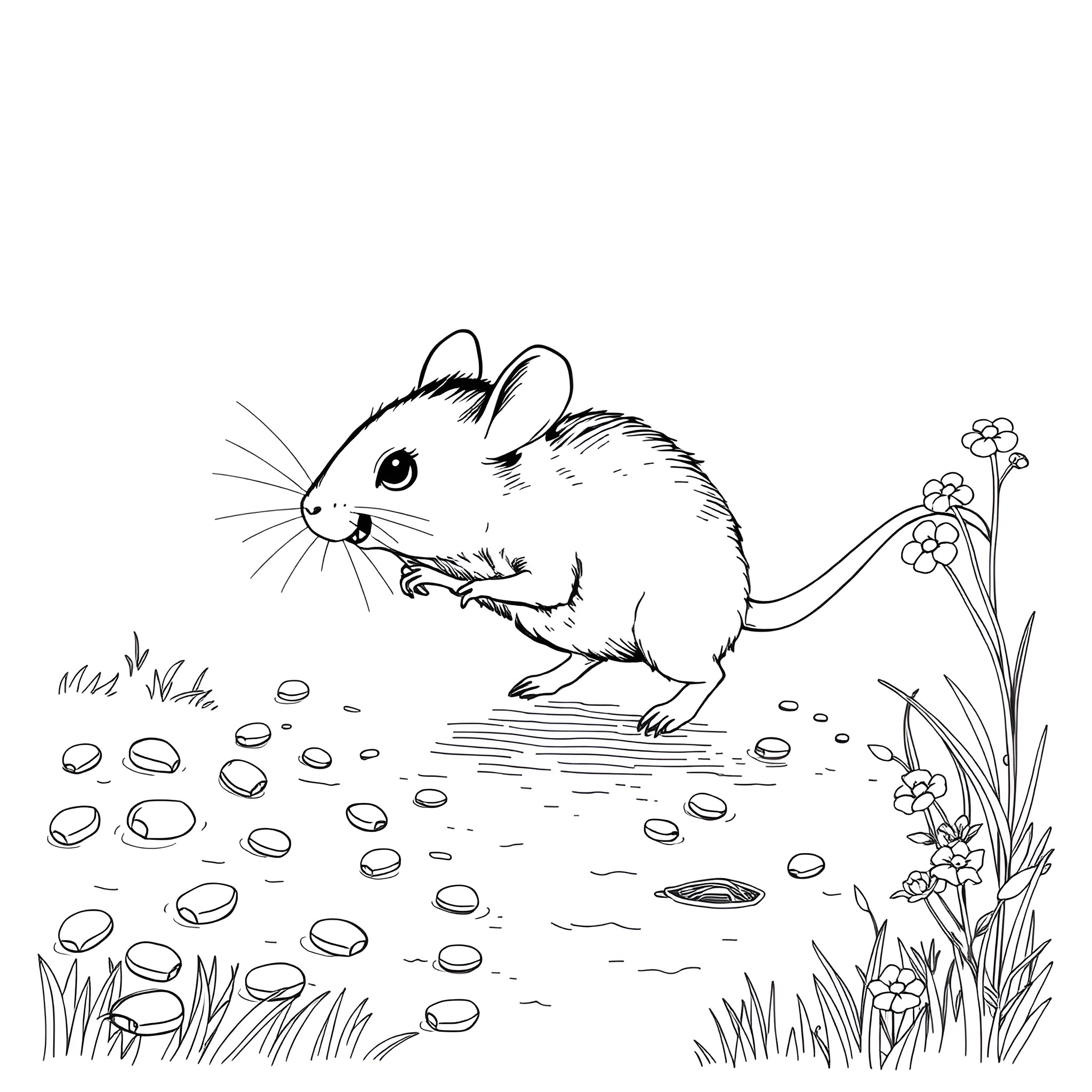 Mouse exploring the wildflowers Coloring Page (free black-and-white line drawing printable PDF for all, from beginners to advanced learners, including children, teens, adults, and seniors)