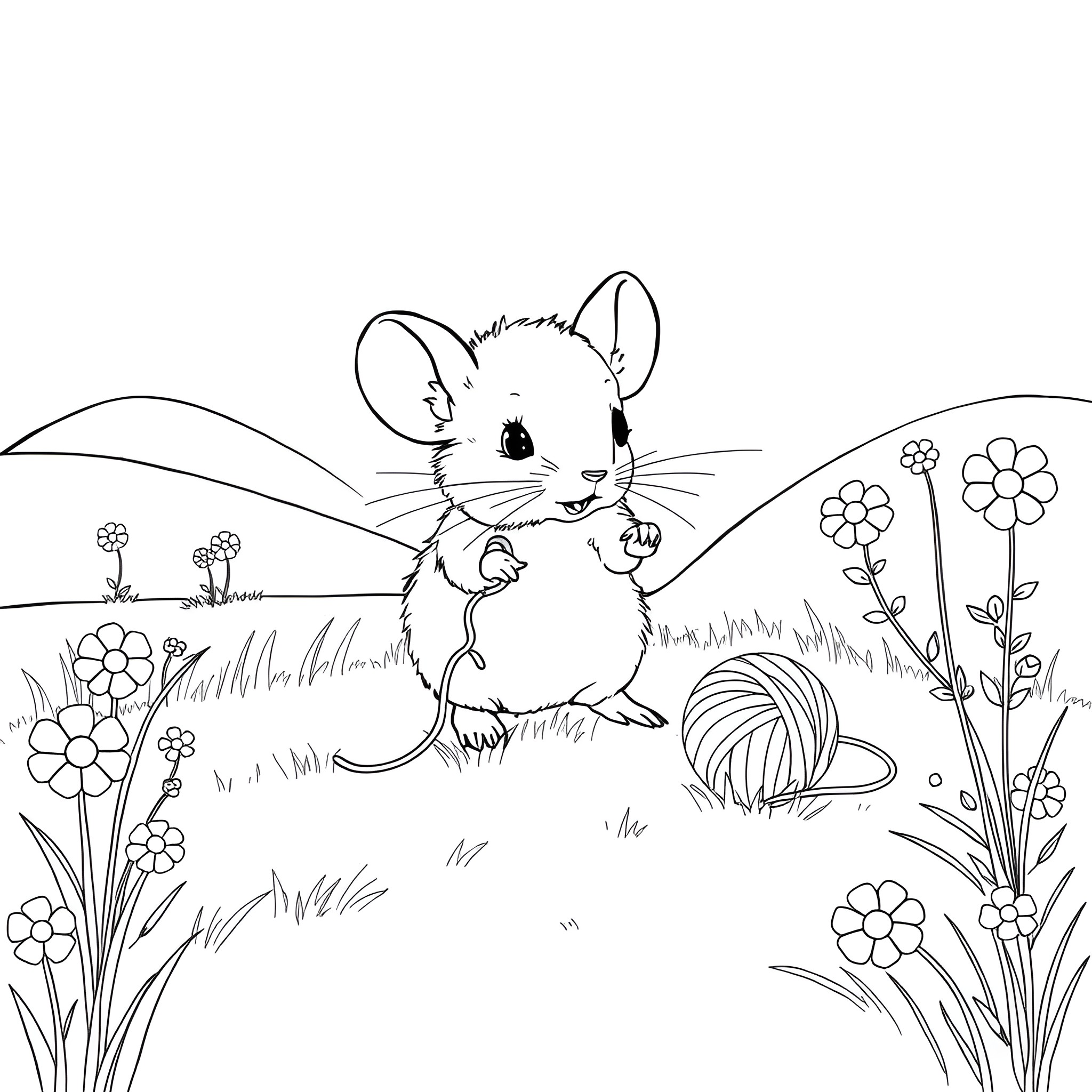 Mouse in a Flower-Filled Meadow Coloring Page (free black-and-white line drawing printable PDF for all, from beginners to advanced learners, including children, teens, adults, and seniors)