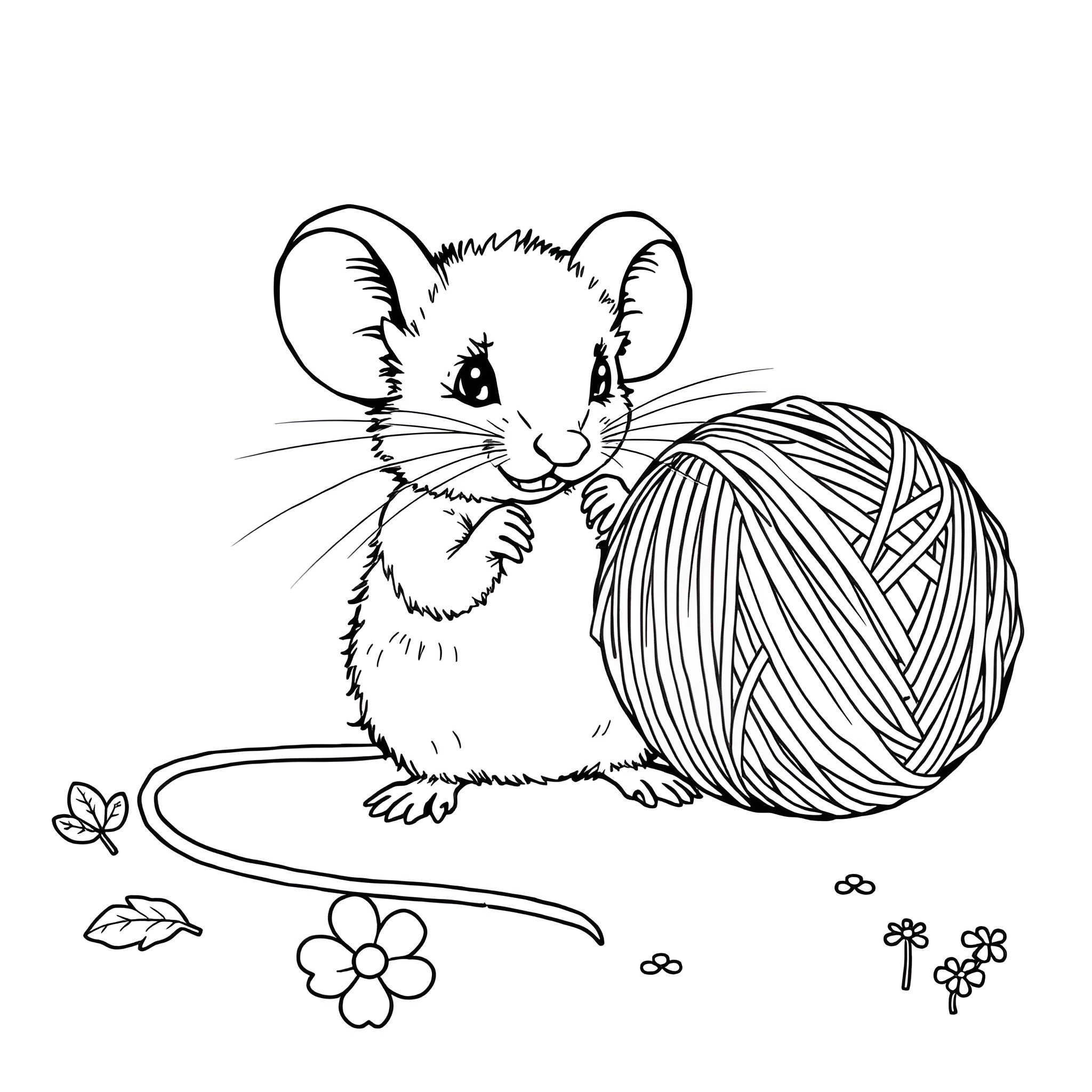 Mouse playing with yarn and flowers Coloring Page (free black-and-white line drawing printable PDF for all, from beginners to advanced learners, including children, teens, adults, and seniors)