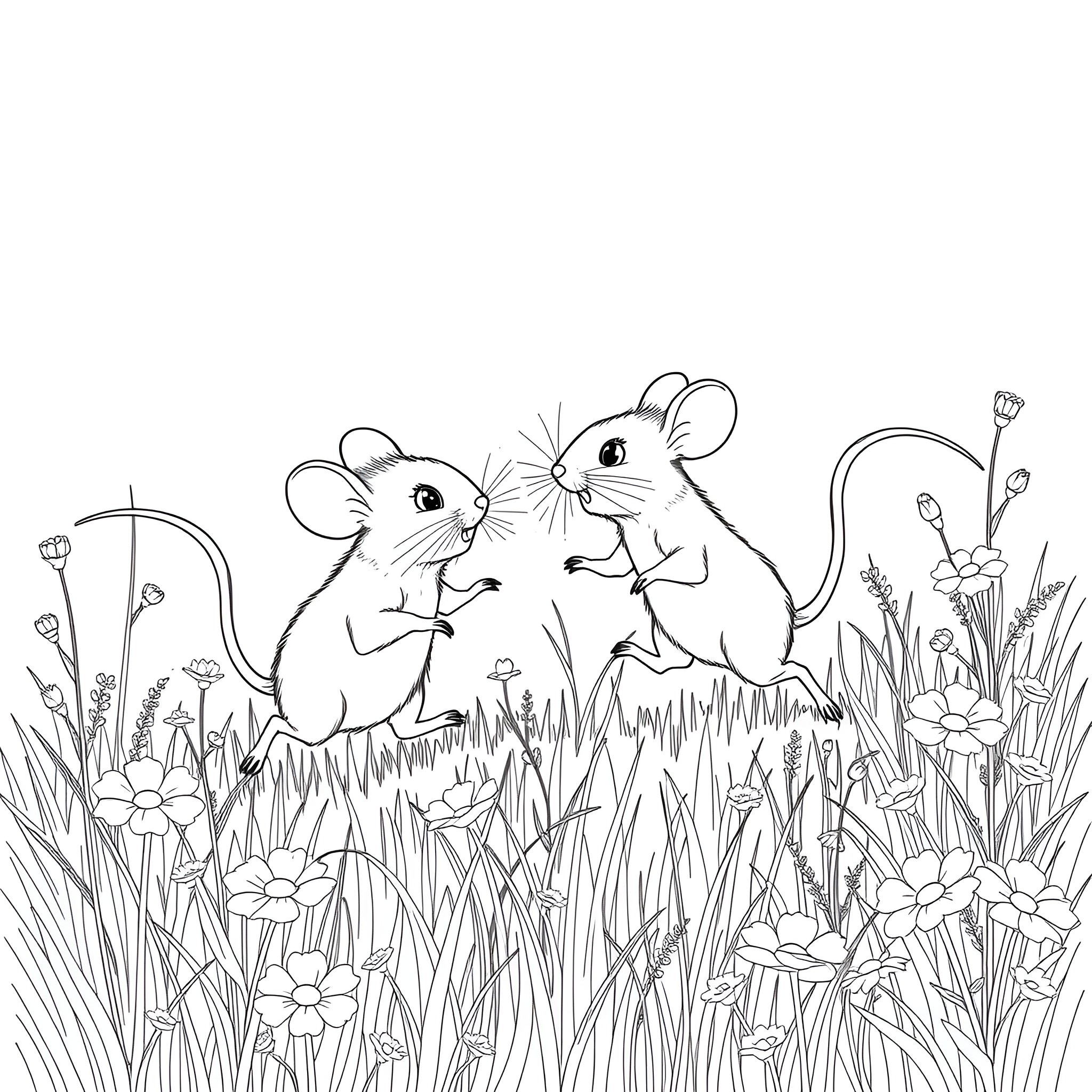 Mouse friends playing in the meadow Coloring Page (free black-and-white line drawing printable PDF for all, from beginners to advanced learners, including children, teens, adults, and seniors)