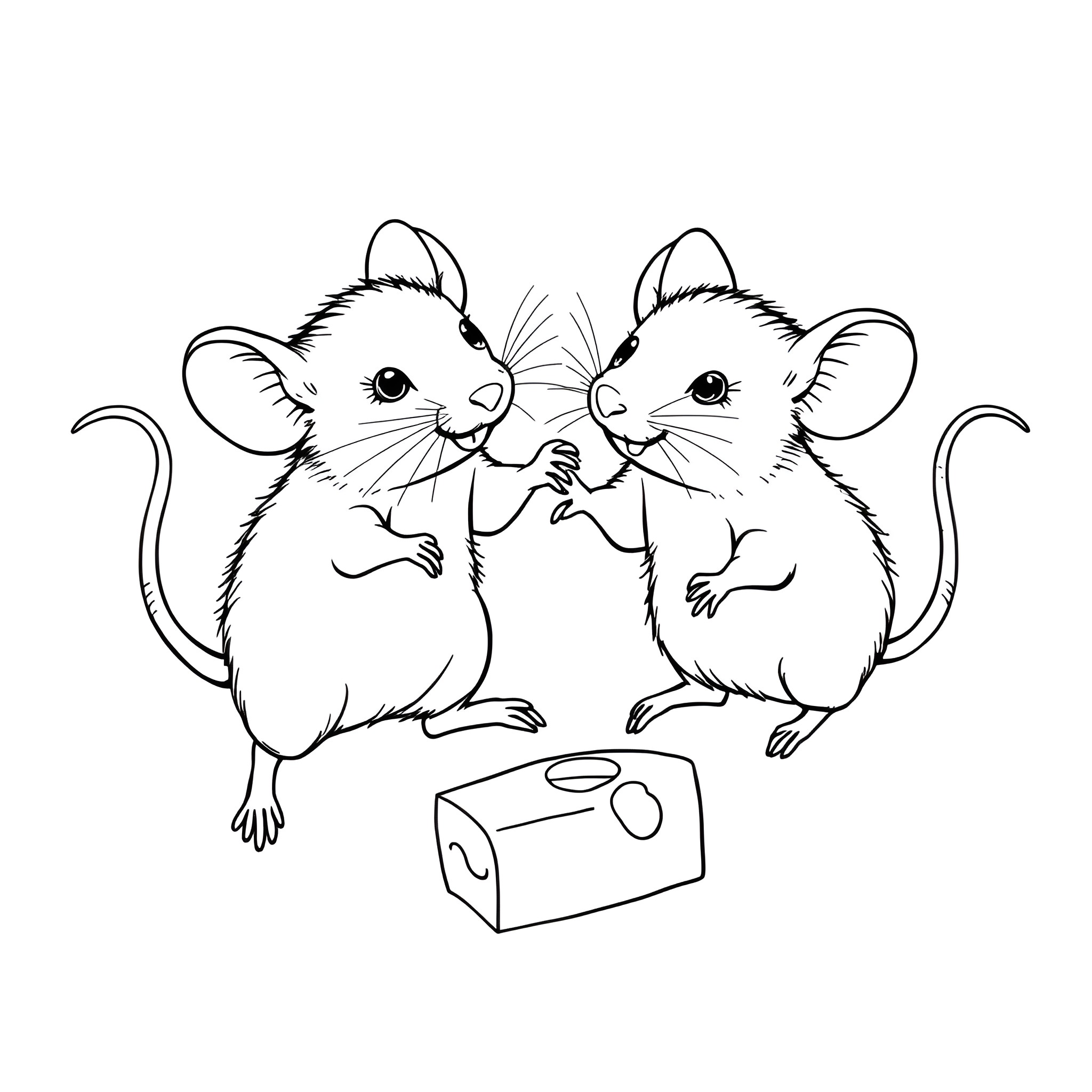 Mouse pair playing happily with a cube Coloring Page (free black-and-white line drawing printable PDF for all, from beginners to advanced learners, including children, teens, adults, and seniors)