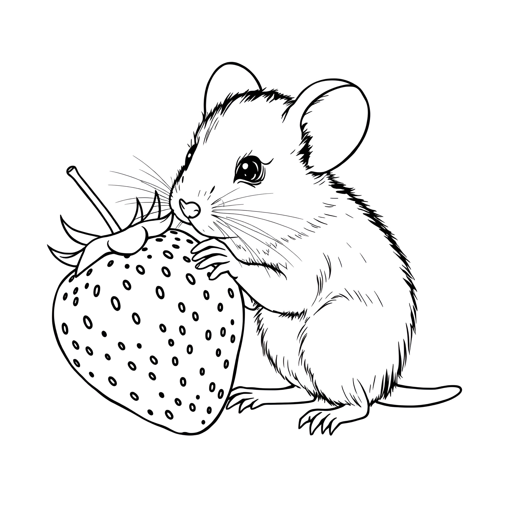 Mouse eating a strawberry Coloring Page (free black-and-white line drawing printable PDF for all, from beginners to advanced learners, including children, teens, adults, and seniors)
