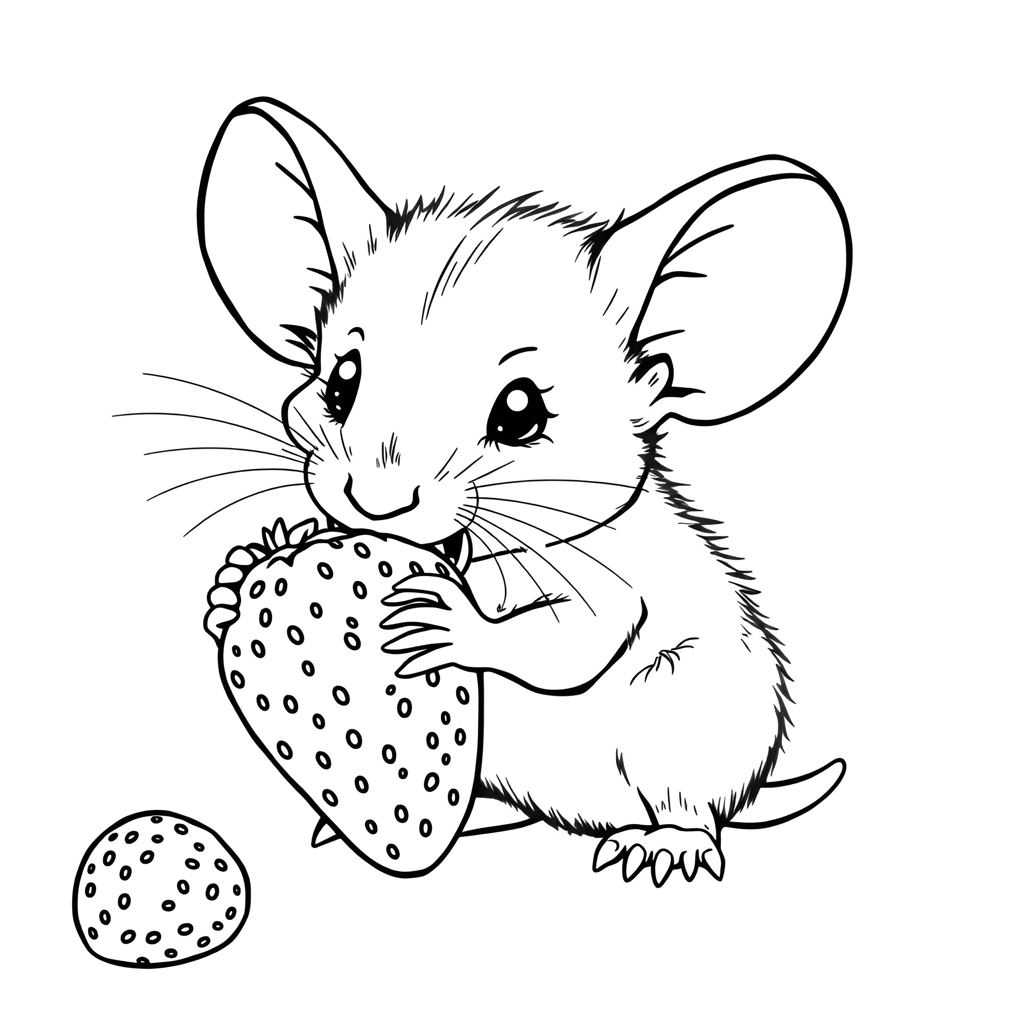 Mouse eating a strawberry happily Coloring Page (free black-and-white line drawing printable PDF for all, from beginners to advanced learners, including children, teens, adults, and seniors)