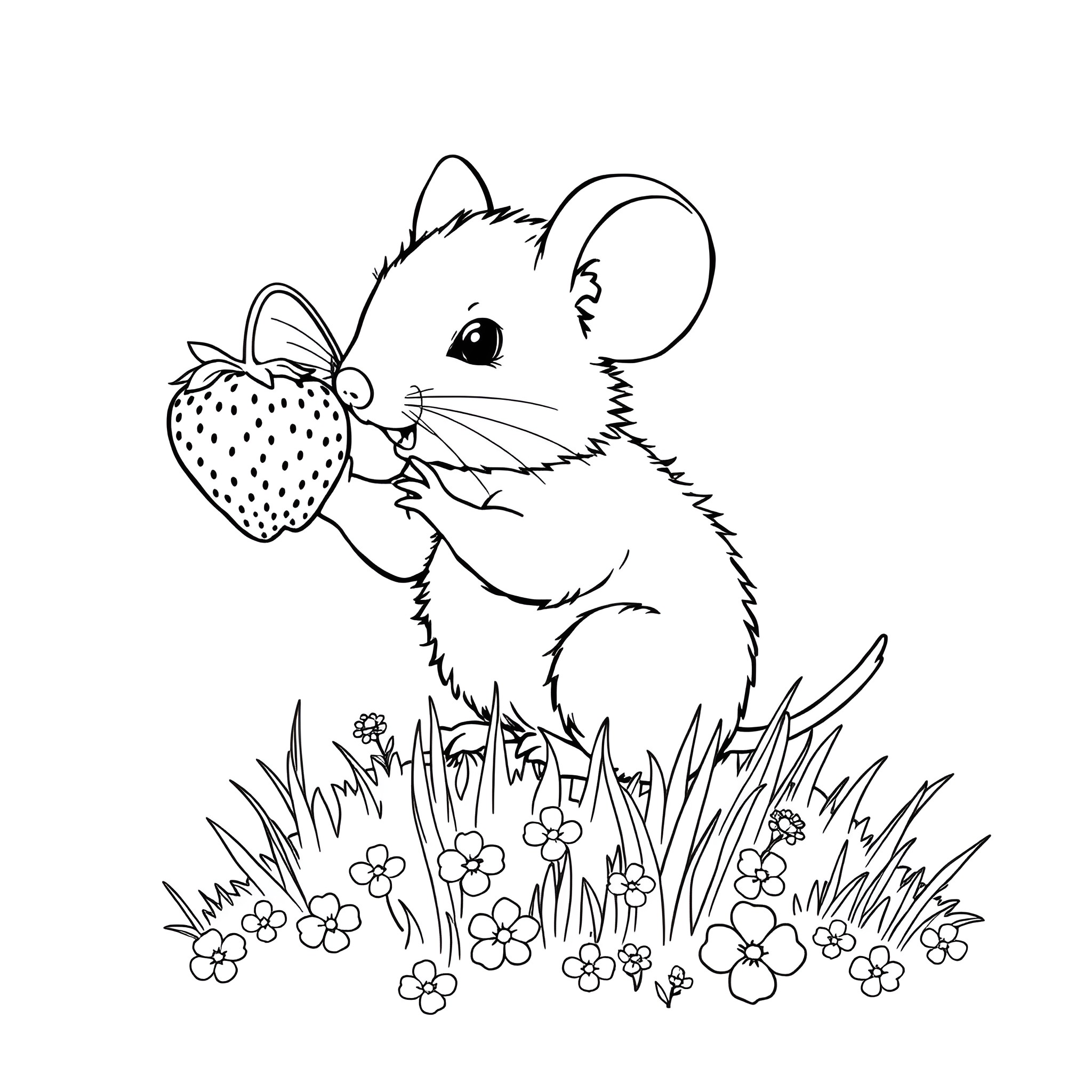 Mouse enjoying a tasty strawberry in the garden Coloring Page (free black-and-white line drawing printable PDF for all, from beginners to advanced learners, including children, teens, adults, and seniors)
