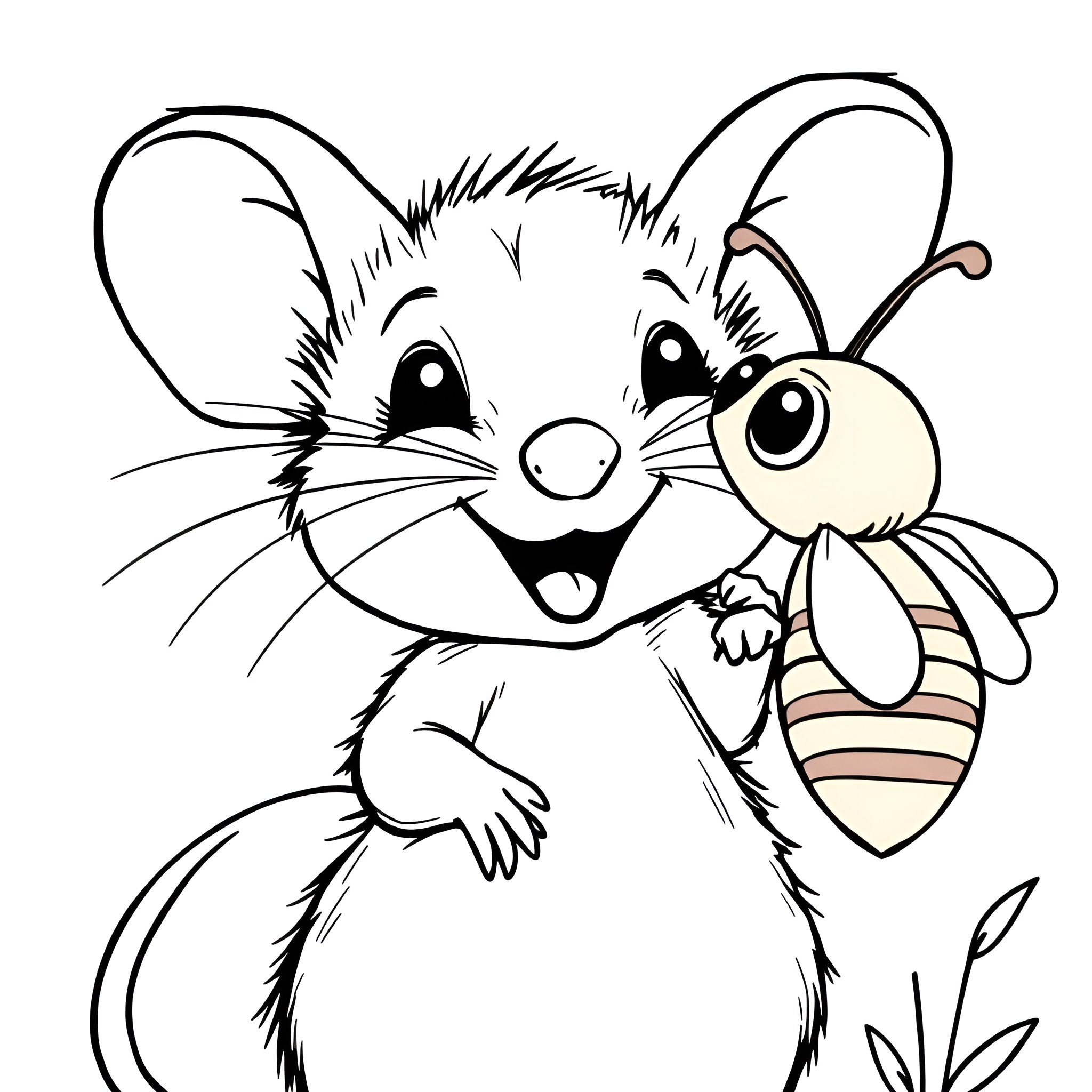 Mouse playing happily with bee in the meadow Coloring Page (free black-and-white line drawing printable PDF for all, from beginners to advanced learners, including children, teens, adults, and seniors)
