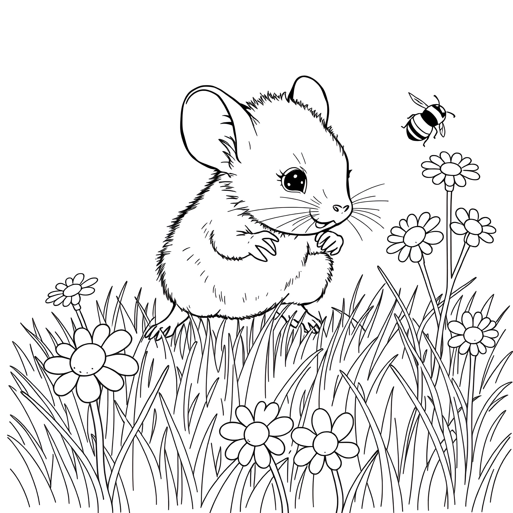 Mouse exploring a flowery meadow with a bee Coloring Page (free black-and-white line drawing printable PDF for all, from beginners to advanced learners, including children, teens, adults, and seniors)