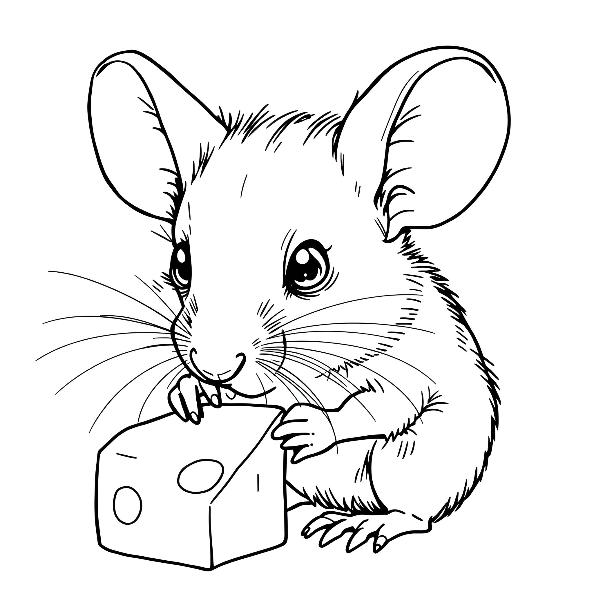 Mouse playing happily with a cube Coloring Page (free black-and-white line drawing printable PDF for all, from beginners to advanced learners, including children, teens, adults, and seniors)