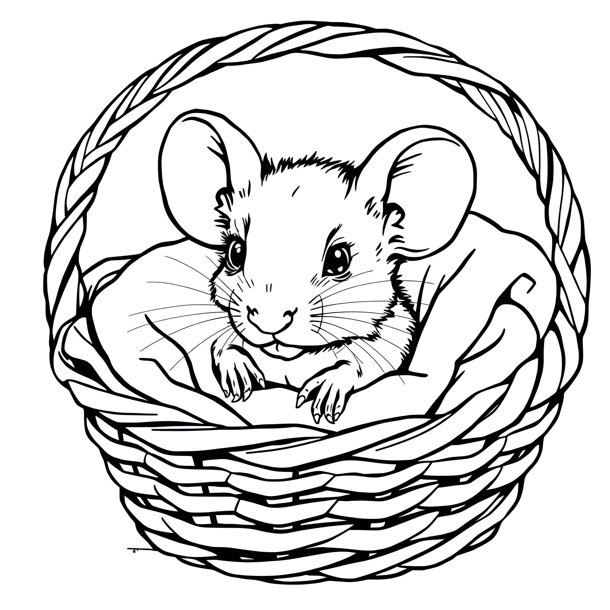 Mouse in a cozy basket Coloring Page (free black-and-white line drawing printable PDF for all, from beginners to advanced learners, including children, teens, adults, and seniors)