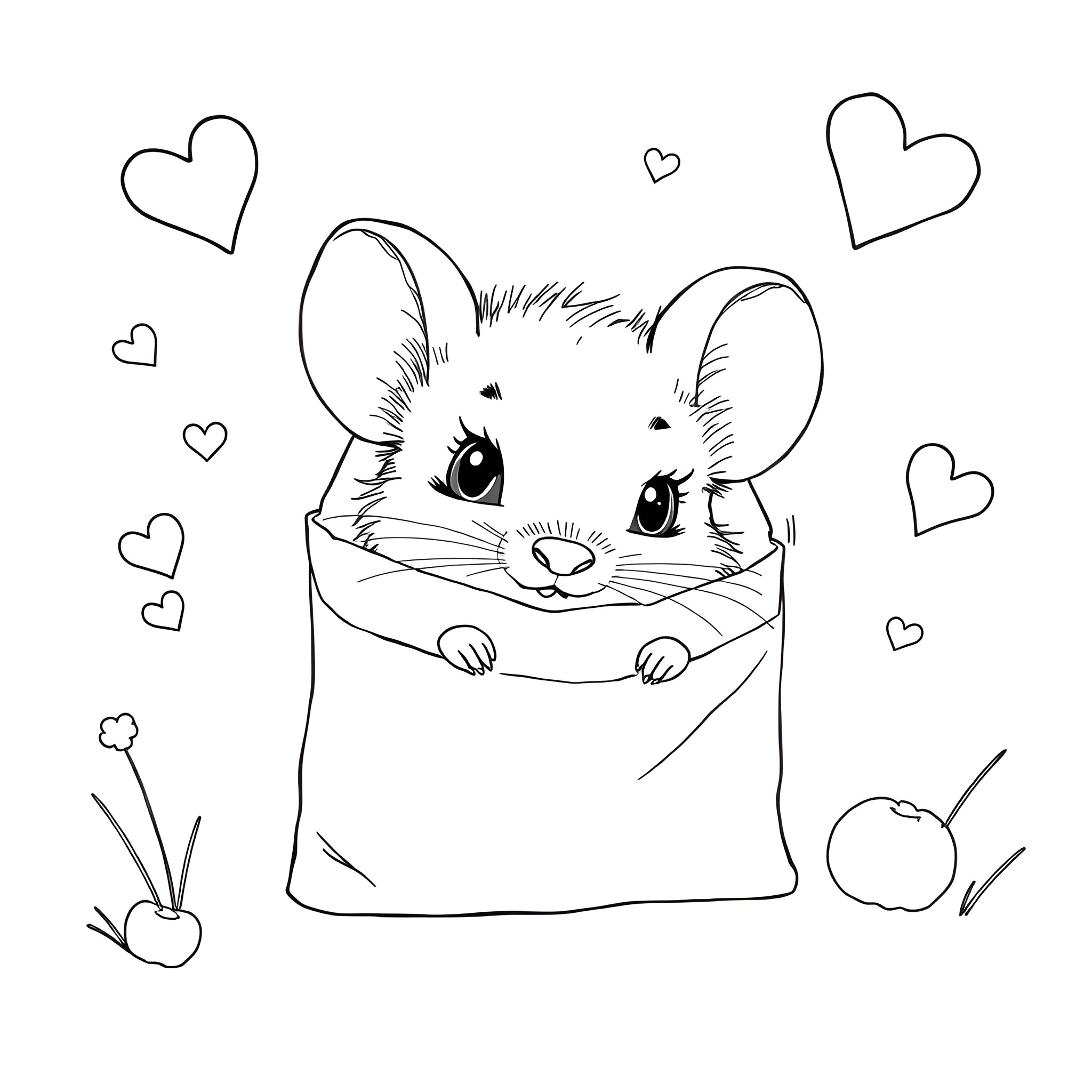 Mouse hiding in a cozy pocket with hearts Coloring Page (free black-and-white line drawing printable PDF for all, from beginners to advanced learners, including children, teens, adults, and seniors)
