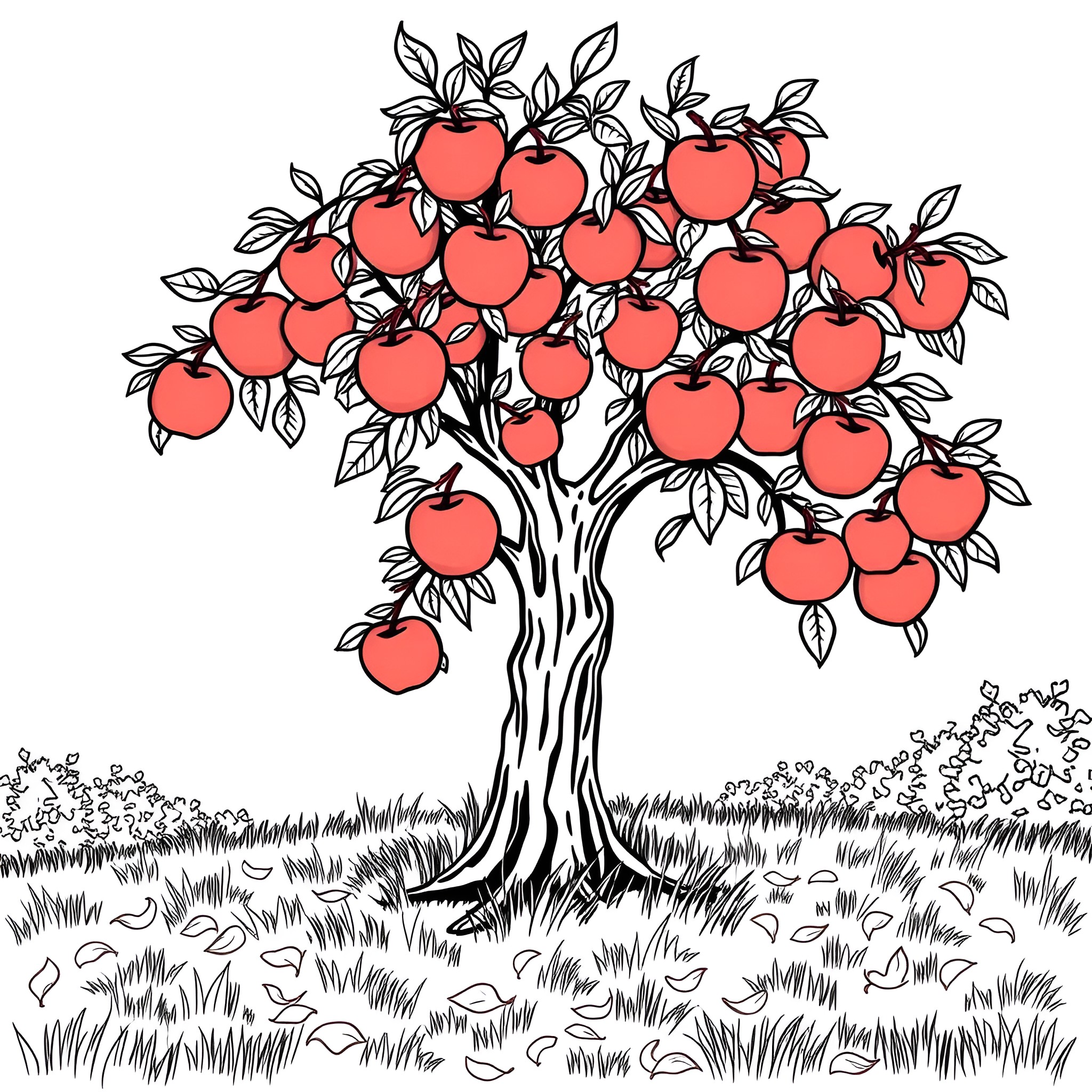 Apple Tree Laden with Ripe Red Fruit Coloring Page (free black-and-white line drawing printable PDF for all, from beginners to advanced learners, including children, teens, adults, and seniors)
