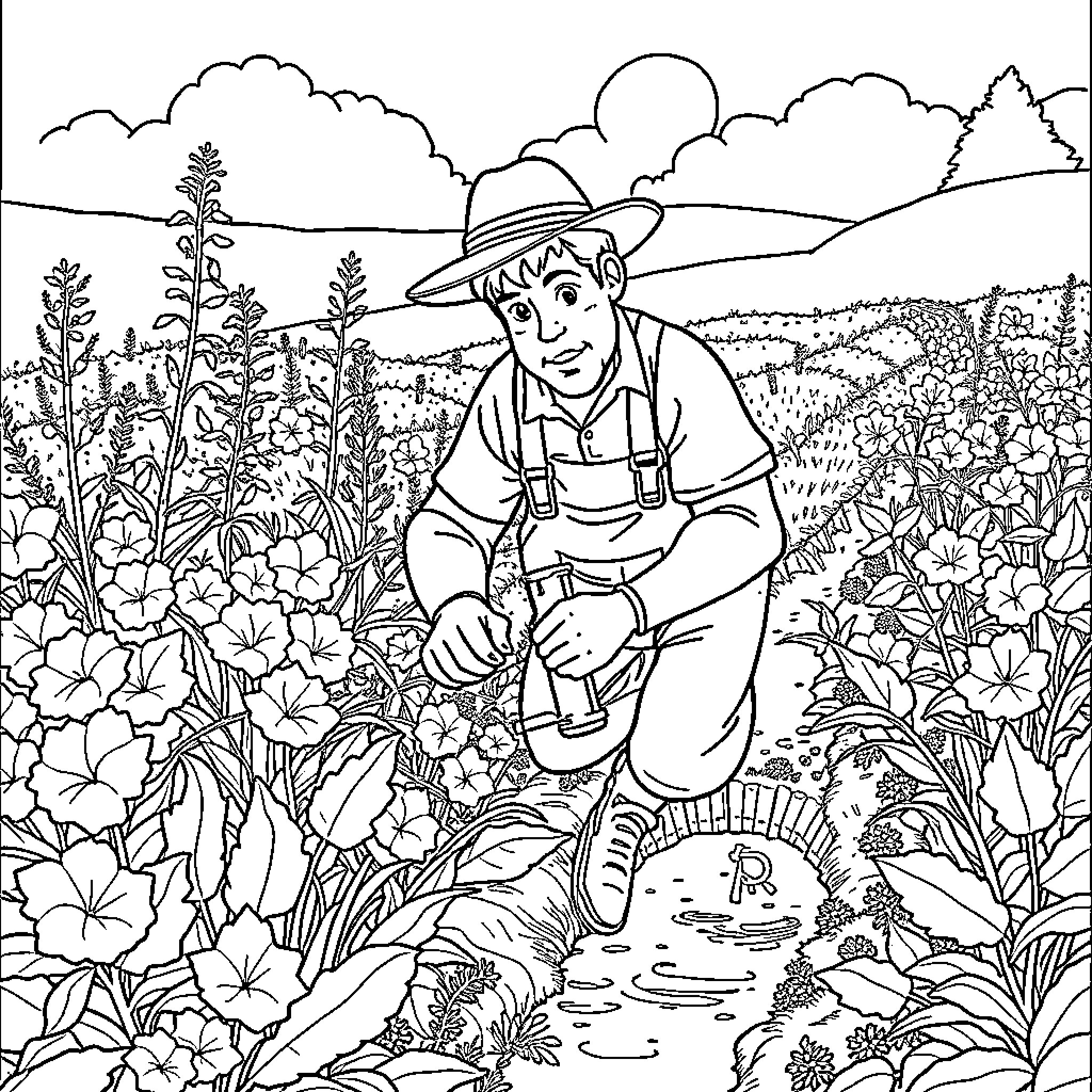 Cressiculteur exploring the lush natural landscape Coloring Page (free black-and-white line drawing printable PDF for all, from beginners to advanced learners, including children, teens, adults, and seniors)