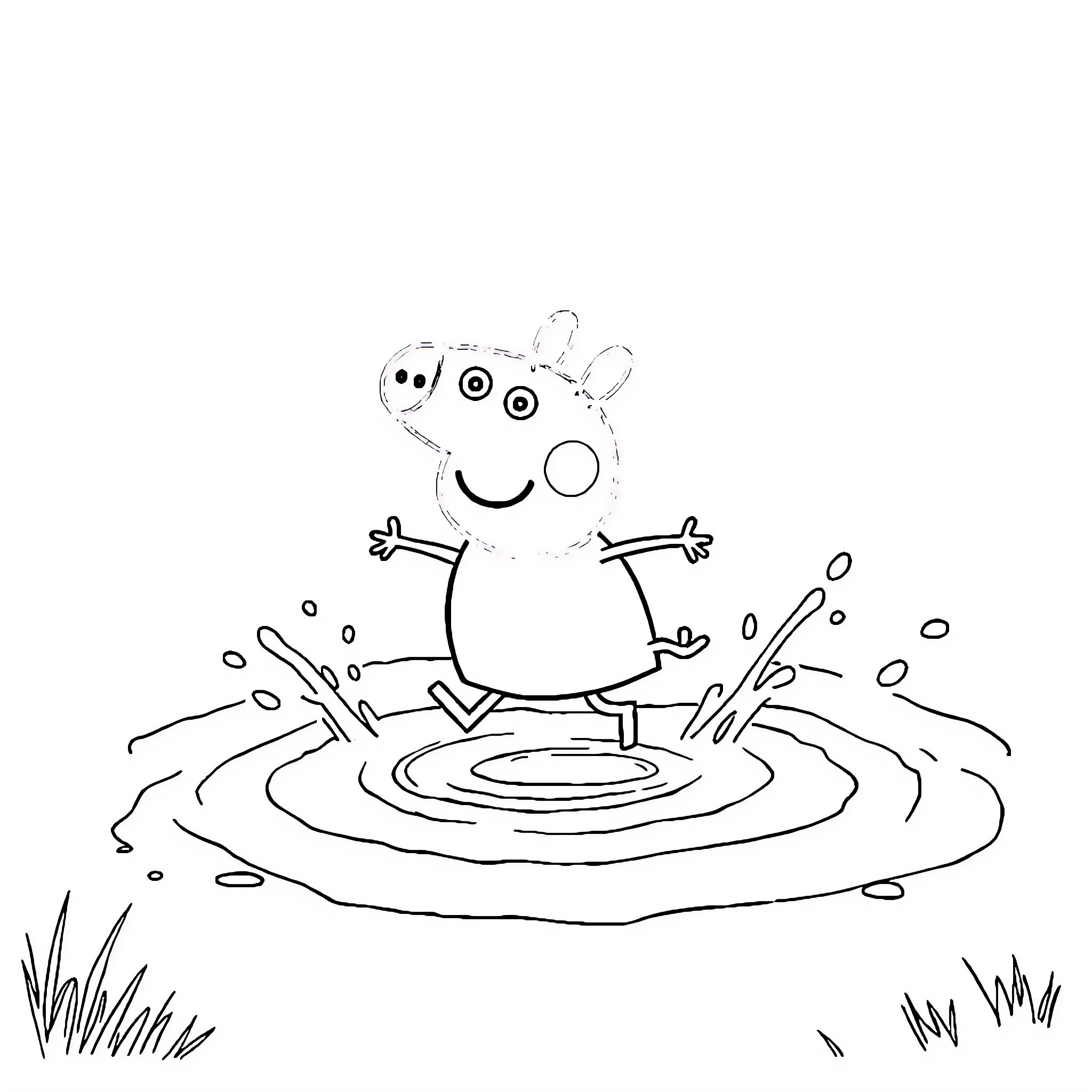 Peppa Pig jumping in a puddle Coloring Page (free black-and-white line drawing printable PDF for all, from beginners to advanced learners, including children, teens, adults, and seniors)