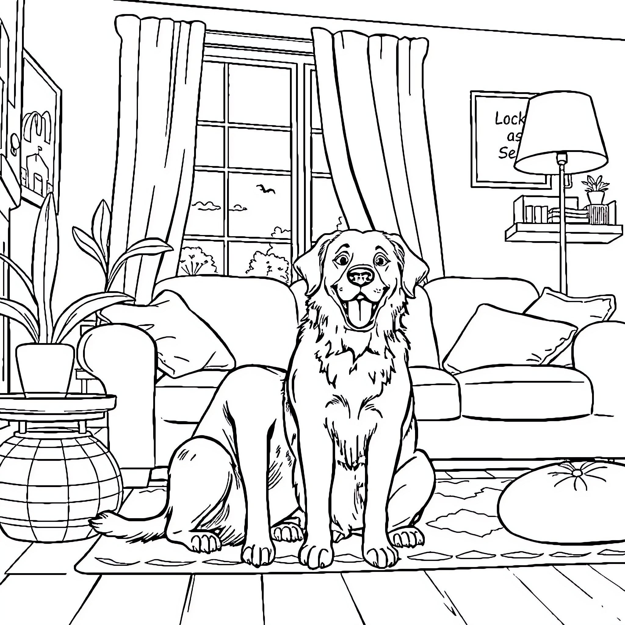 Dog relaxing happily in cozy living room Coloring Page (free black-and-white line drawing printable PDF for all, from beginners to advanced learners, including children, teens, adults, and seniors)