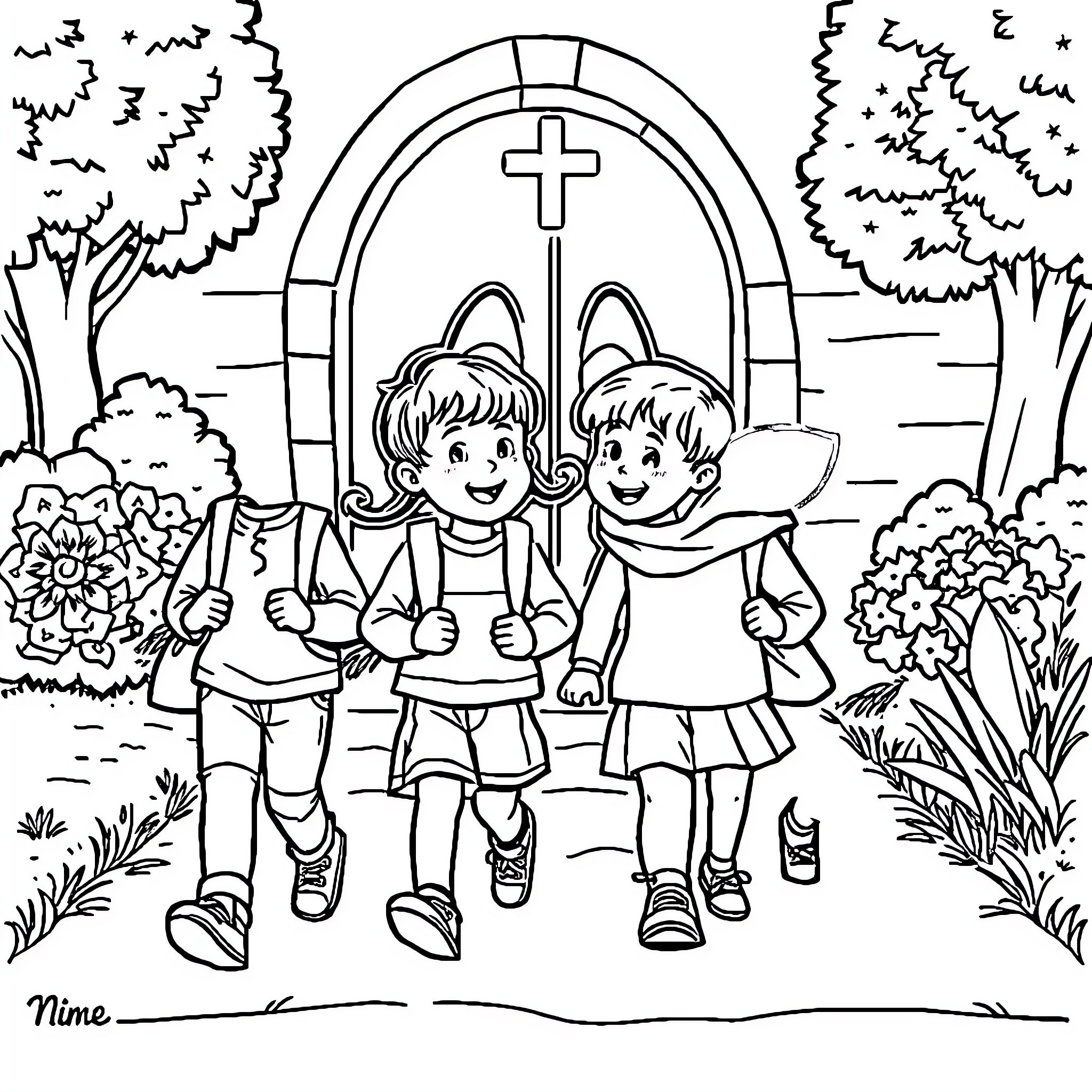 Kid trio walks to church in pastoral setting Coloring Page (free black-and-white line drawing printable PDF for all, from beginners to advanced learners, including children, teens, adults, and seniors)