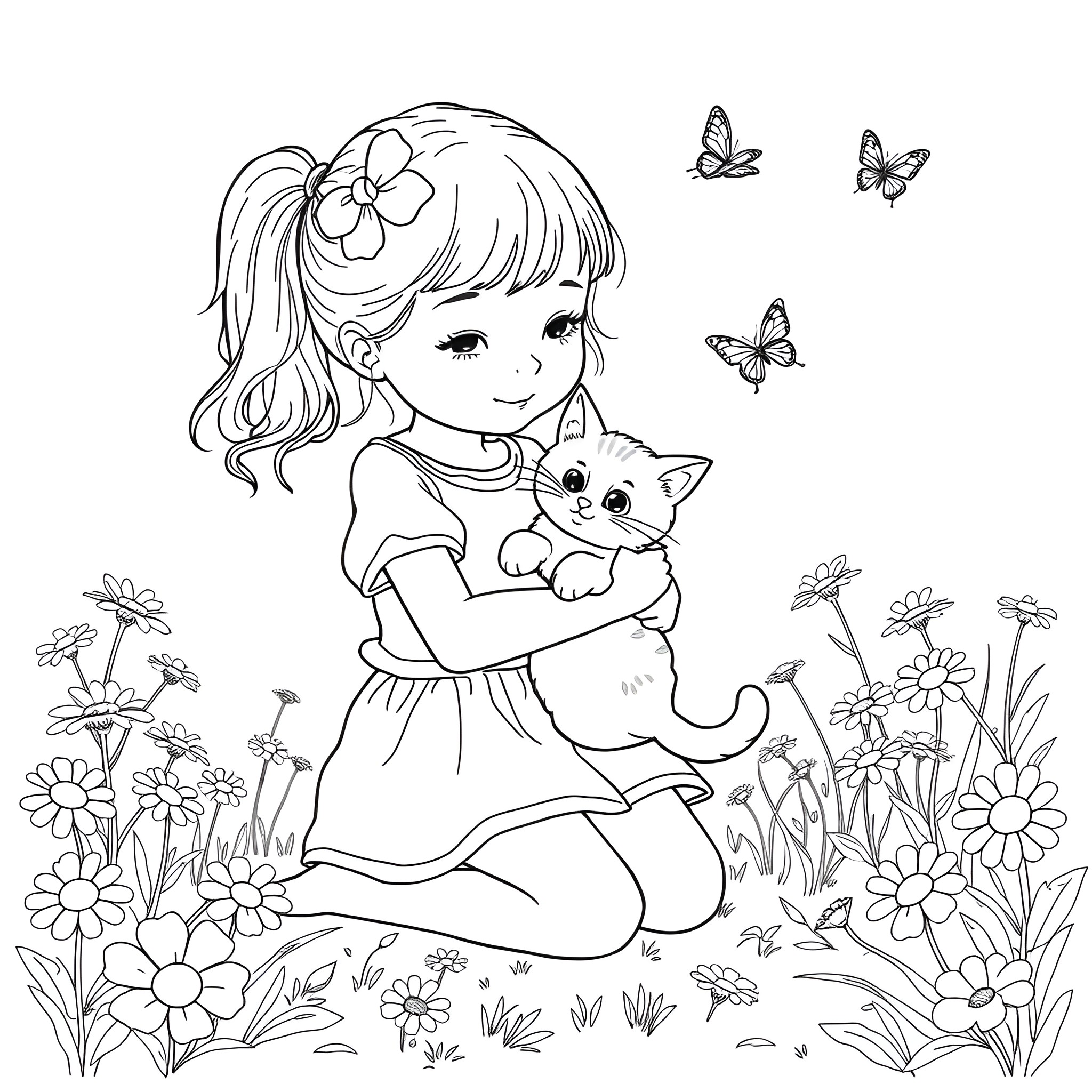 Girl playing with her pet cat in a flower garden Coloring Page (free black-and-white line drawing printable PDF for all, from beginners to advanced learners, including children, teens, adults, and seniors)