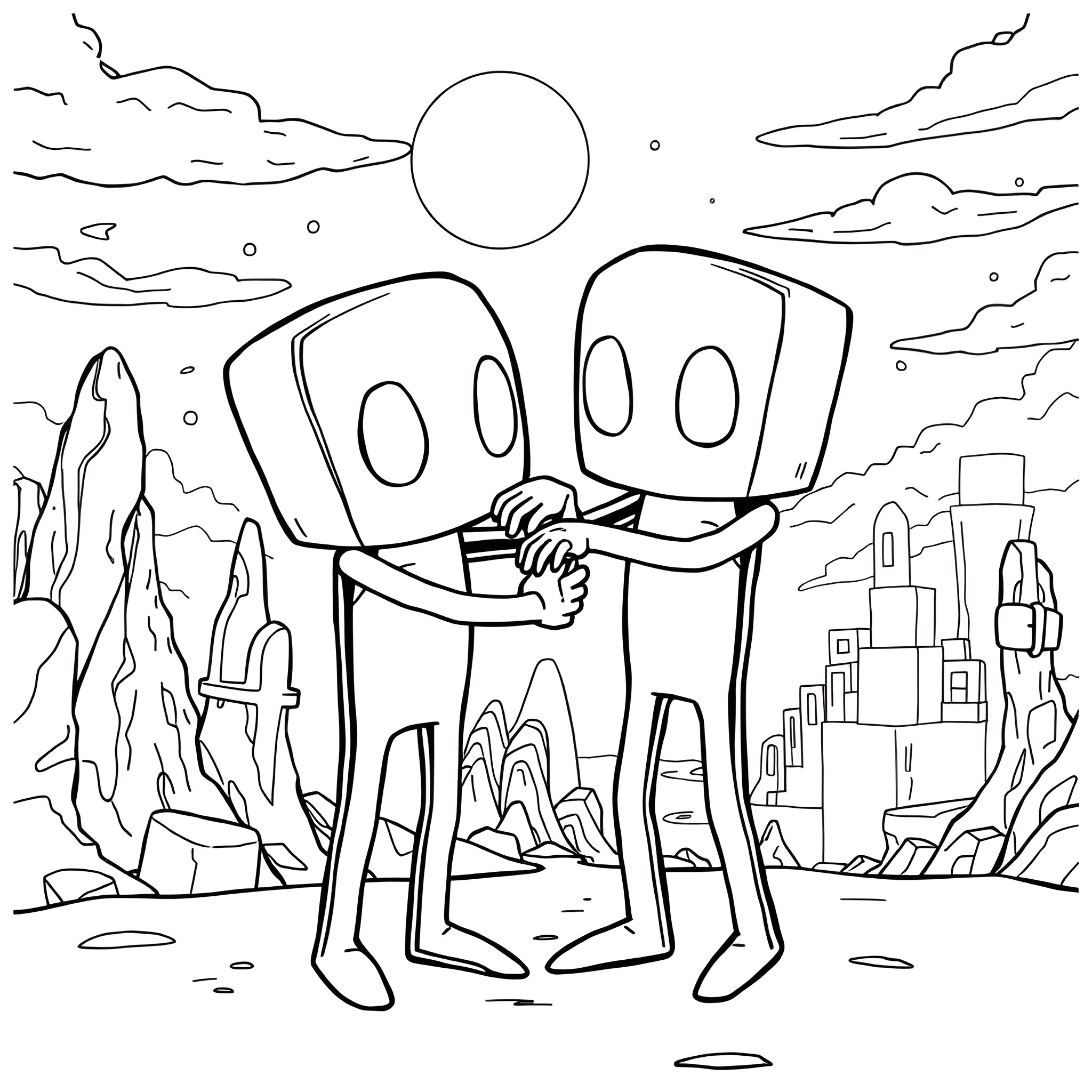 Enderman exploring mysterious alien landscape Coloring Page (free black-and-white line drawing printable PDF for all, from beginners to advanced learners, including children, teens, adults, and seniors)