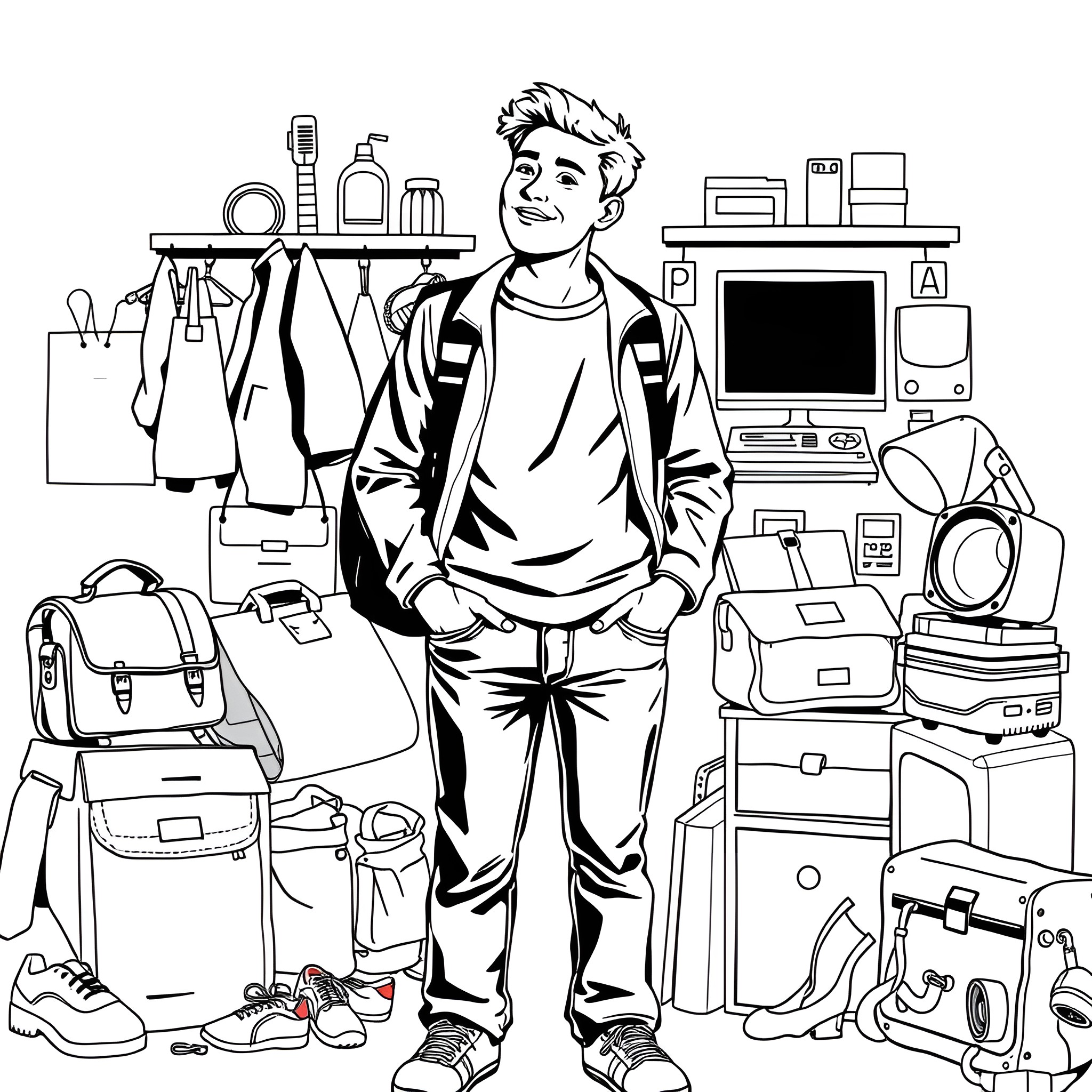 Me and my gadgets, electronics, and accessories Coloring Page (free black-and-white line drawing printable PDF for all, from beginners to advanced learners, including children, teens, adults, and seniors)