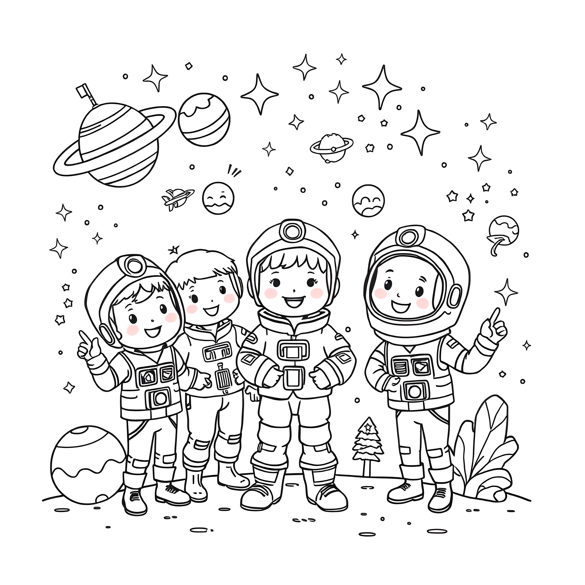 Among Us Astronauts Exploring the Cosmic Wonders Coloring Page (free black-and-white line drawing printable PDF for all, from beginners to advanced learners, including children, teens, adults, and seniors)