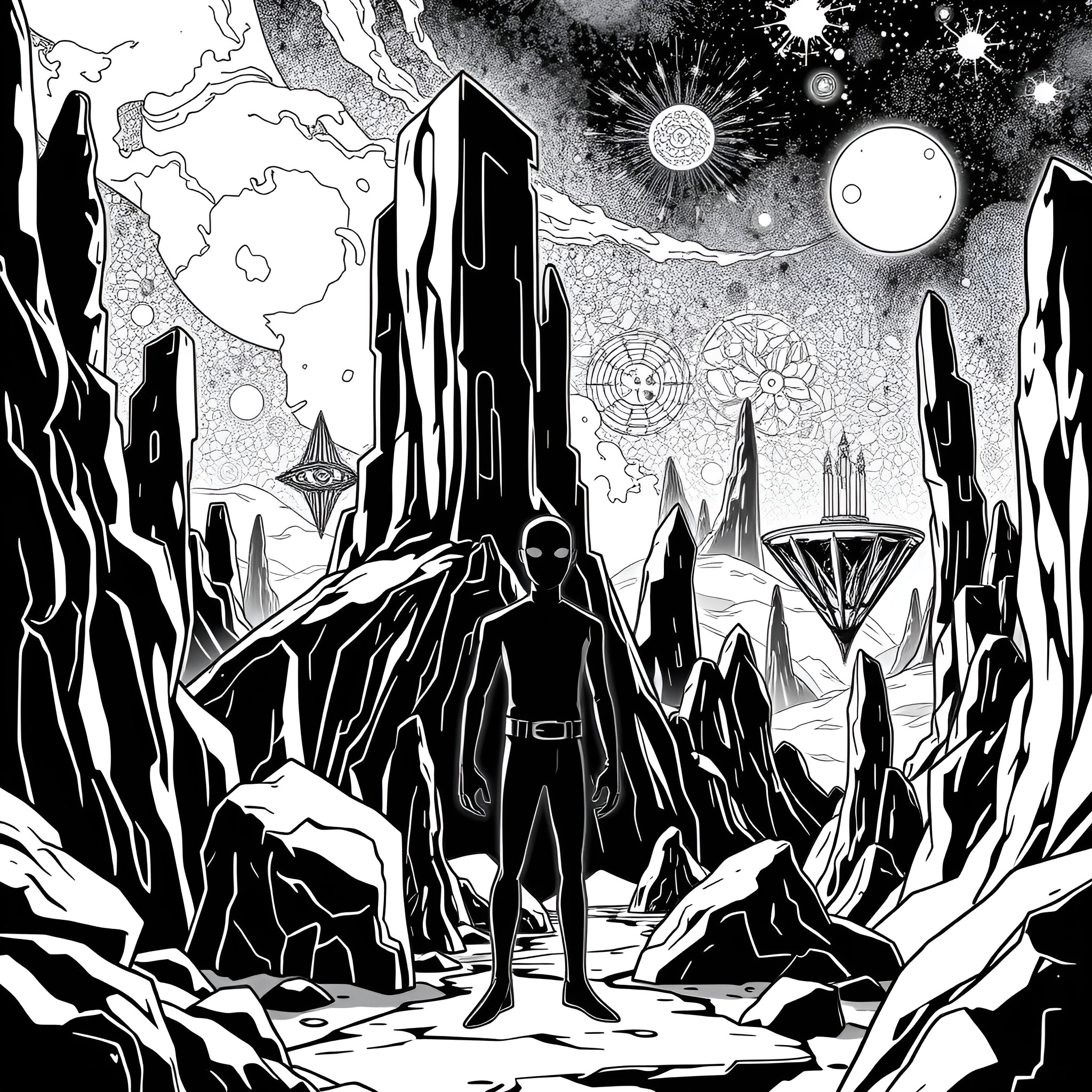 Enderman in a surreal alien landscape Coloring Page (free black-and-white line drawing printable PDF for all, from beginners to advanced learners, including children, teens, adults, and seniors)