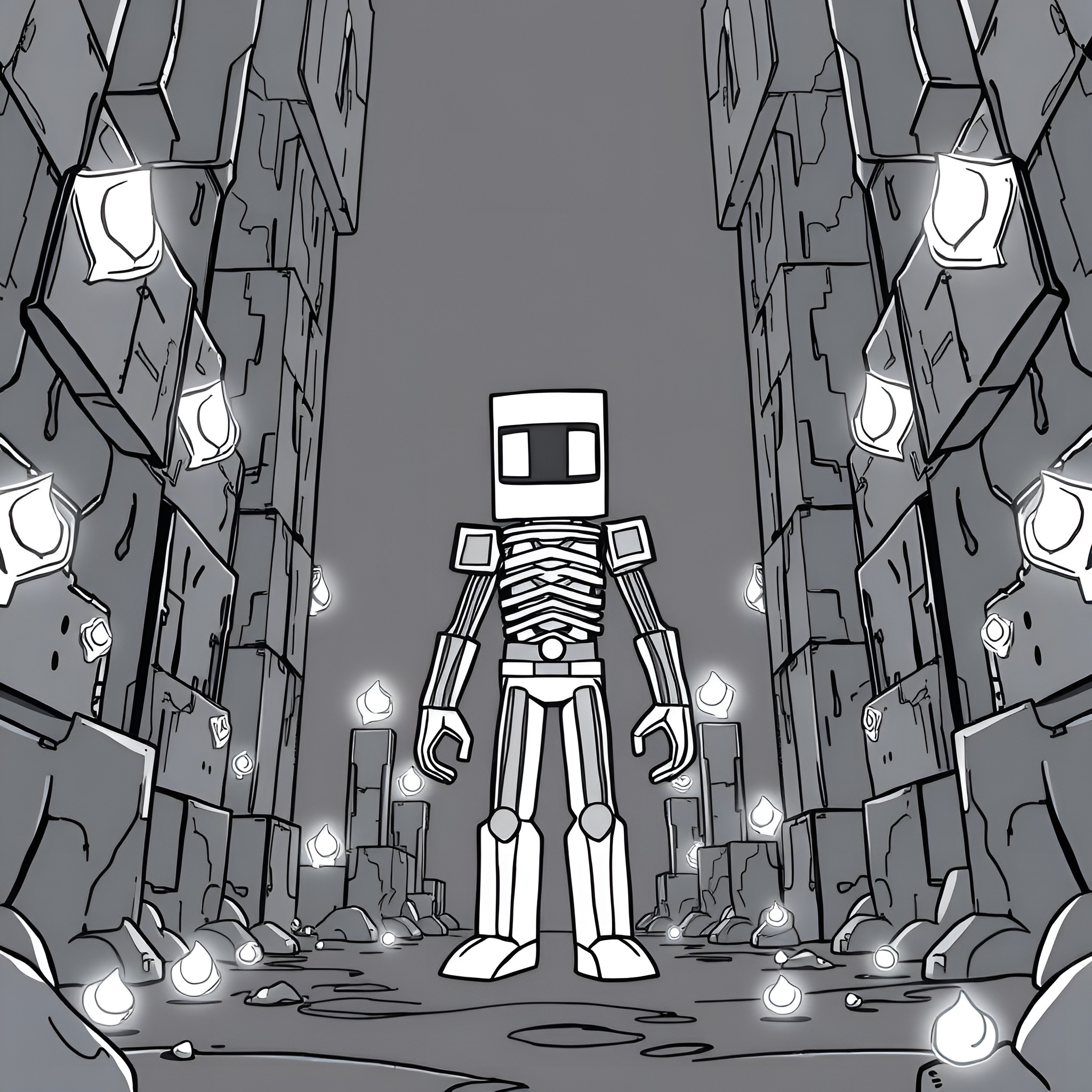 Enderman standing tall in a desolate, dystopian landscape Coloring Page (free black-and-white line drawing printable PDF for all, from beginners to advanced learners, including children, teens, adults, and seniors)