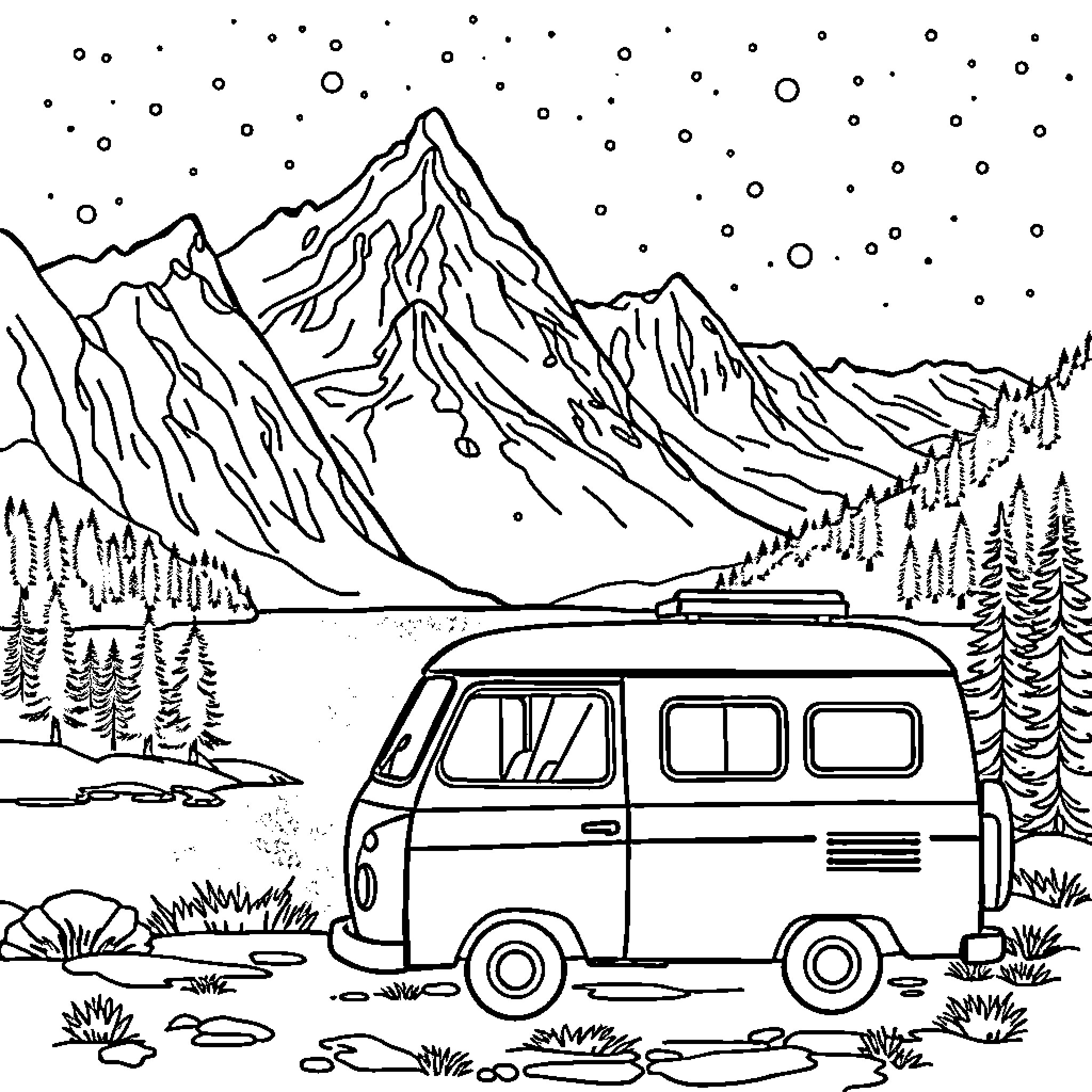 Campervan adventure in serene mountain landscape Coloring Page (free black-and-white line drawing printable PDF for all, from beginners to advanced learners, including children, teens, adults, and seniors)