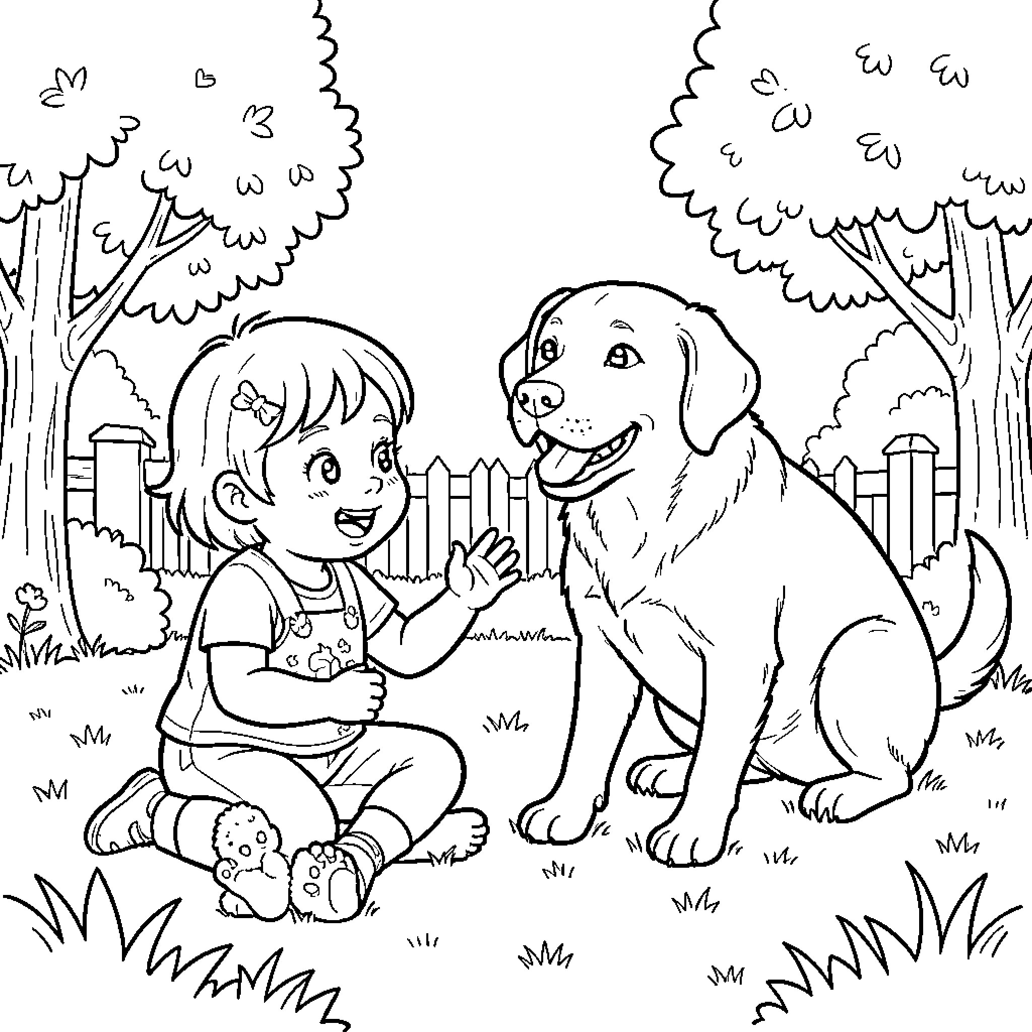 Child sitting on grass interacting with a dog Coloring Page (free black-and-white line drawing printable PDF for all, from beginners to advanced learners, including children, teens, adults, and seniors)