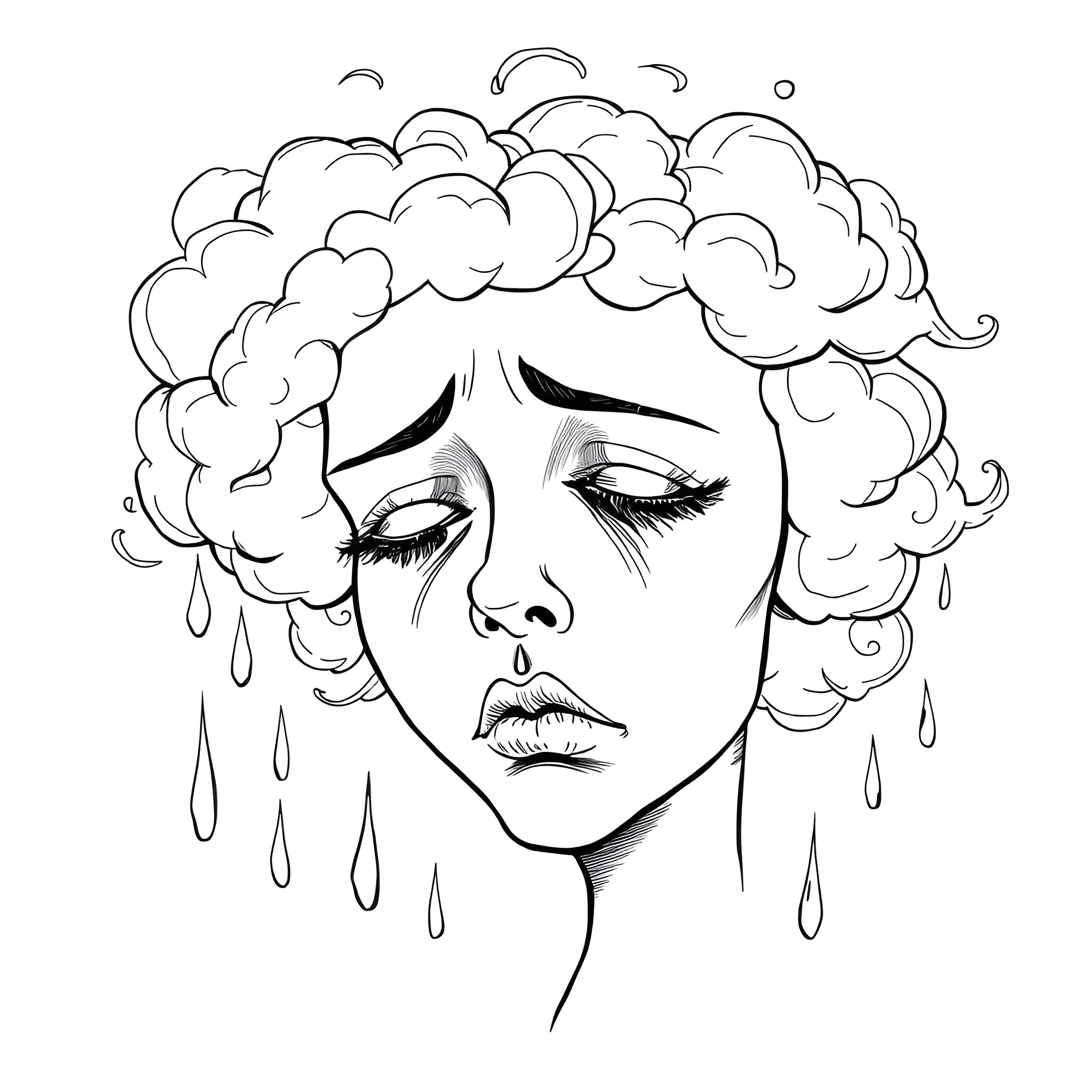 Face of a pensive woman amidst stormy clouds Coloring Page (free black-and-white line drawing printable PDF for all, from beginners to advanced learners, including children, teens, adults, and seniors)