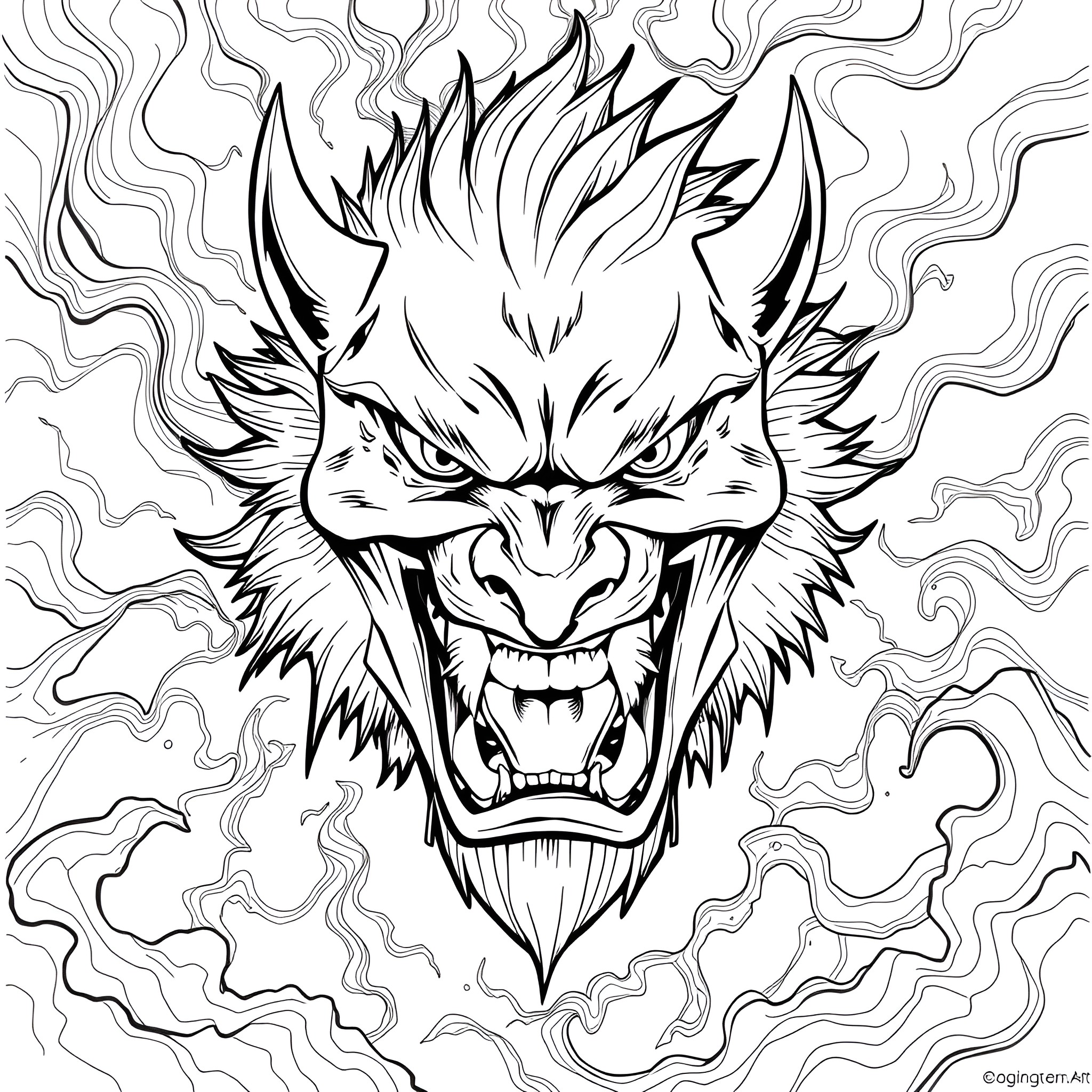 Face of Fierce Demonic Creature Coloring Page (free black-and-white line drawing printable PDF for all, from beginners to advanced learners, including children, teens, adults, and seniors)