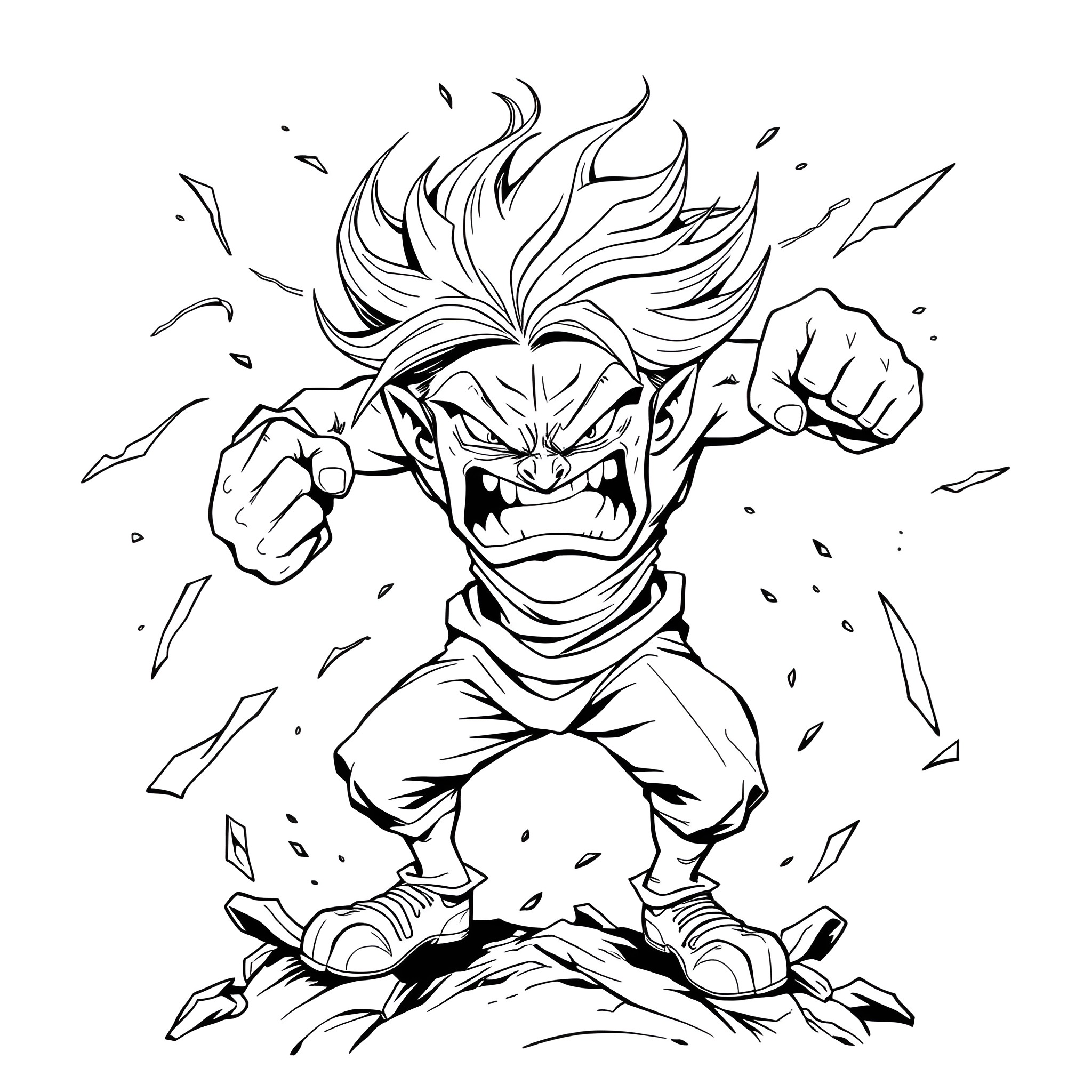 Angry Anime Character Unleashing Powerful Attack Coloring Page (free black-and-white line drawing printable PDF for all, from beginners to advanced learners, including children, teens, adults, and seniors)