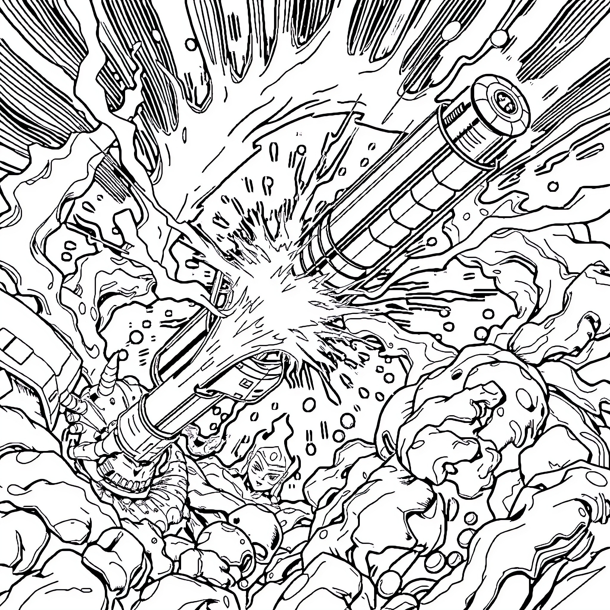 Gundal's Explosive Encounter with Otherworldly Forces Coloring Page (free black-and-white line drawing printable PDF for all, from beginners to advanced learners, including children, teens, adults, and seniors)