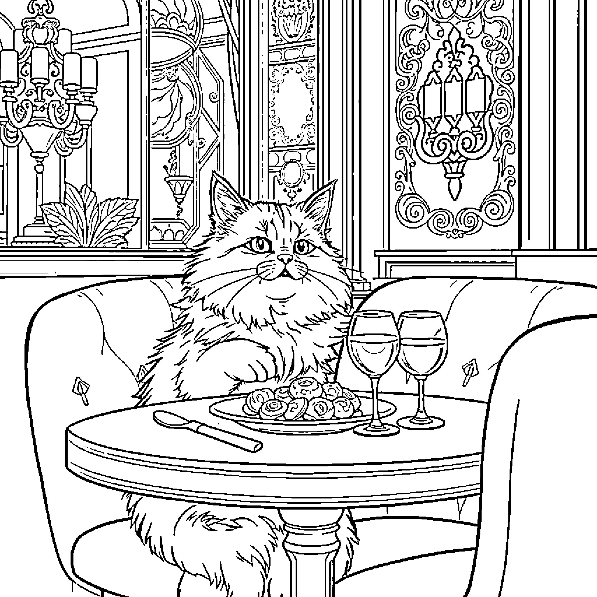 Cat relaxing in an ornate room Coloring Page (free black-and-white line drawing printable PDF for all, from beginners to advanced learners, including children, teens, adults, and seniors)