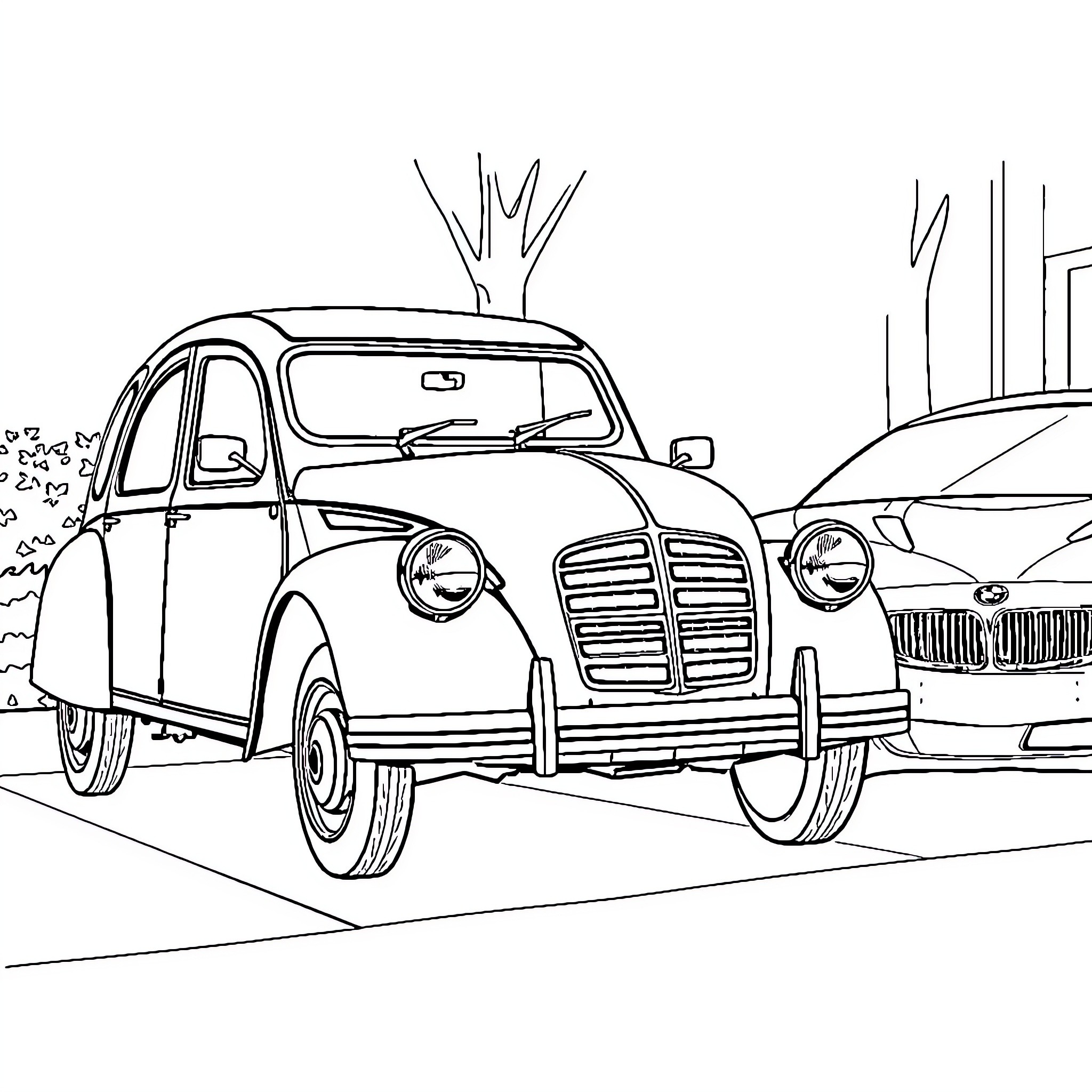Car parked on city street Coloring Page (free black-and-white line drawing printable PDF for all, from beginners to advanced learners, including children, teens, adults, and seniors)