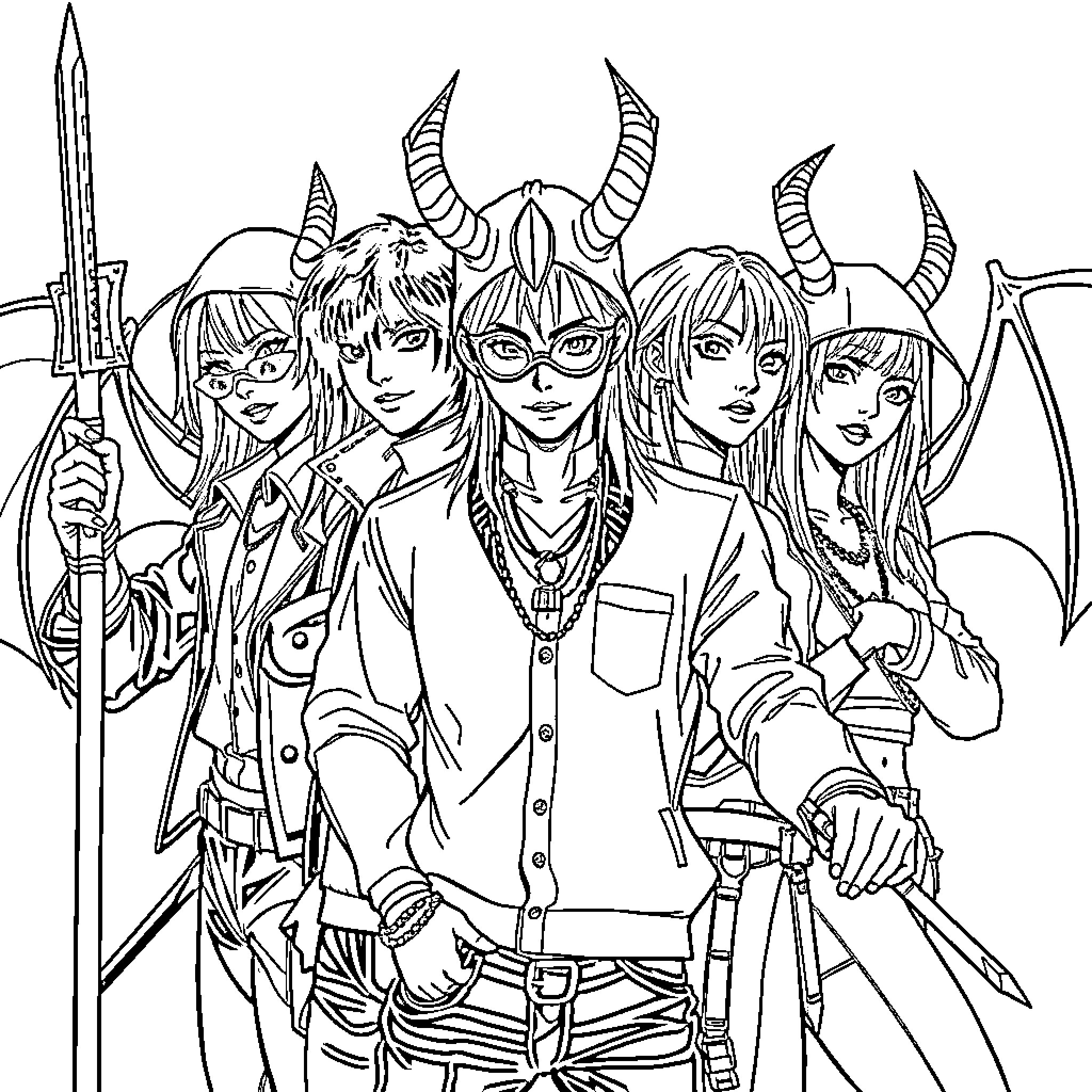 Kpop Demon Hunters in Fierce Battle Formation Coloring Page (free black-and-white line drawing printable PDF for all, from beginners to advanced learners, including children, teens, adults, and seniors)