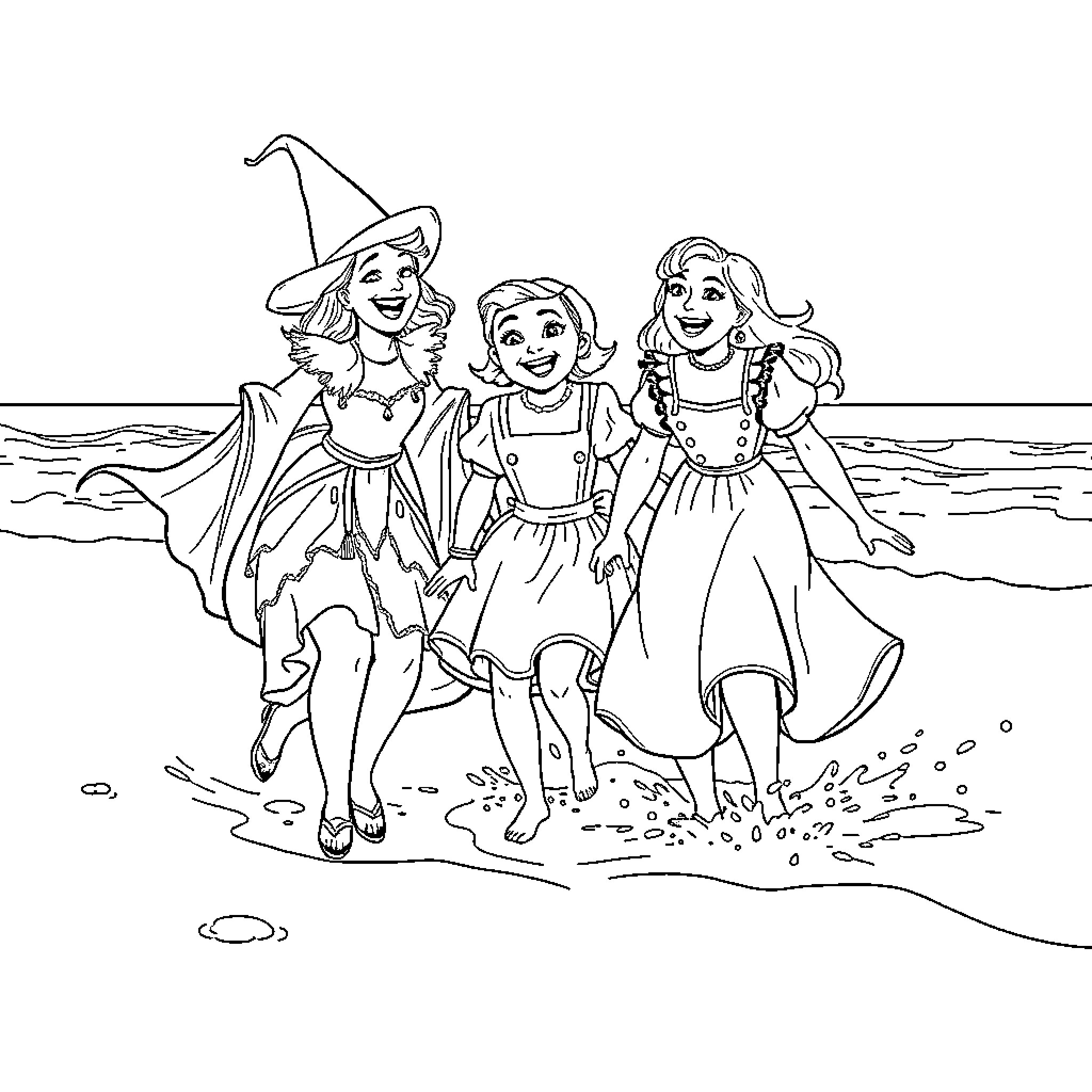 Glinda and friends frolicking on the beach Coloring Page (free black-and-white line drawing printable PDF for all, from beginners to advanced learners, including children, teens, adults, and seniors)