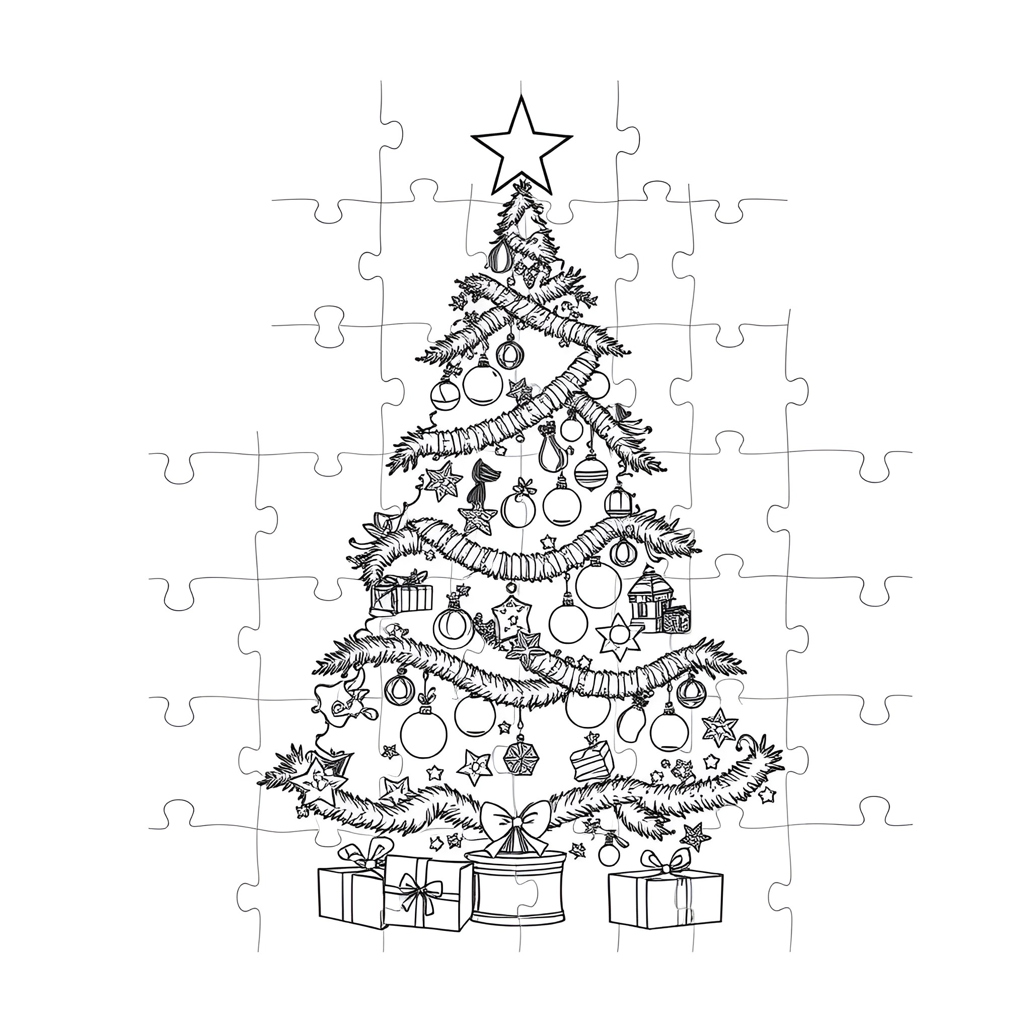 Christmas Tree with Ornaments and Presents Coloring Page (free black-and-white line drawing printable PDF for all, from beginners to advanced learners, including children, teens, adults, and seniors)