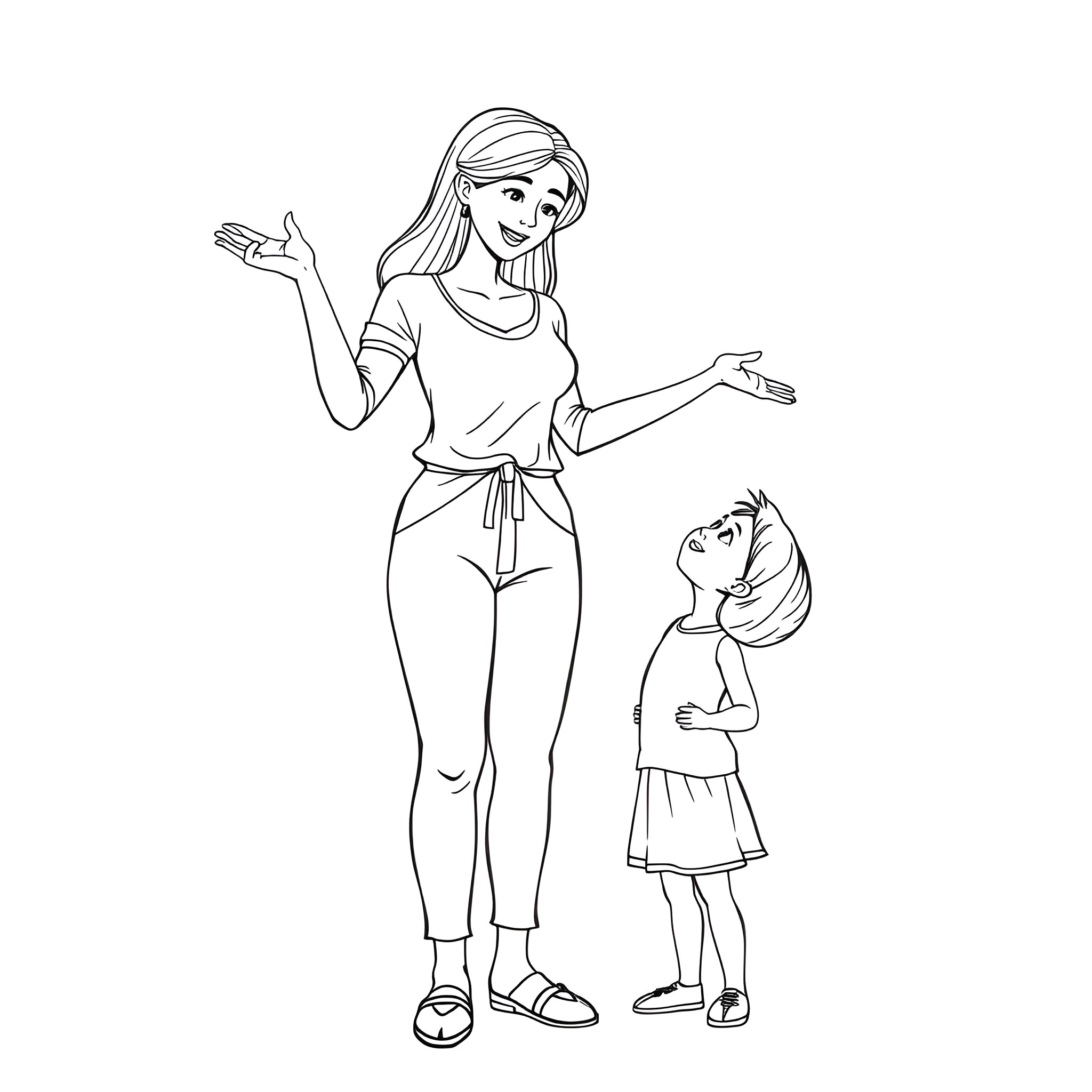 Mother and Child Sharing a Moment Coloring Page (free black-and-white line drawing printable PDF for all, from beginners to advanced learners, including children, teens, adults, and seniors)