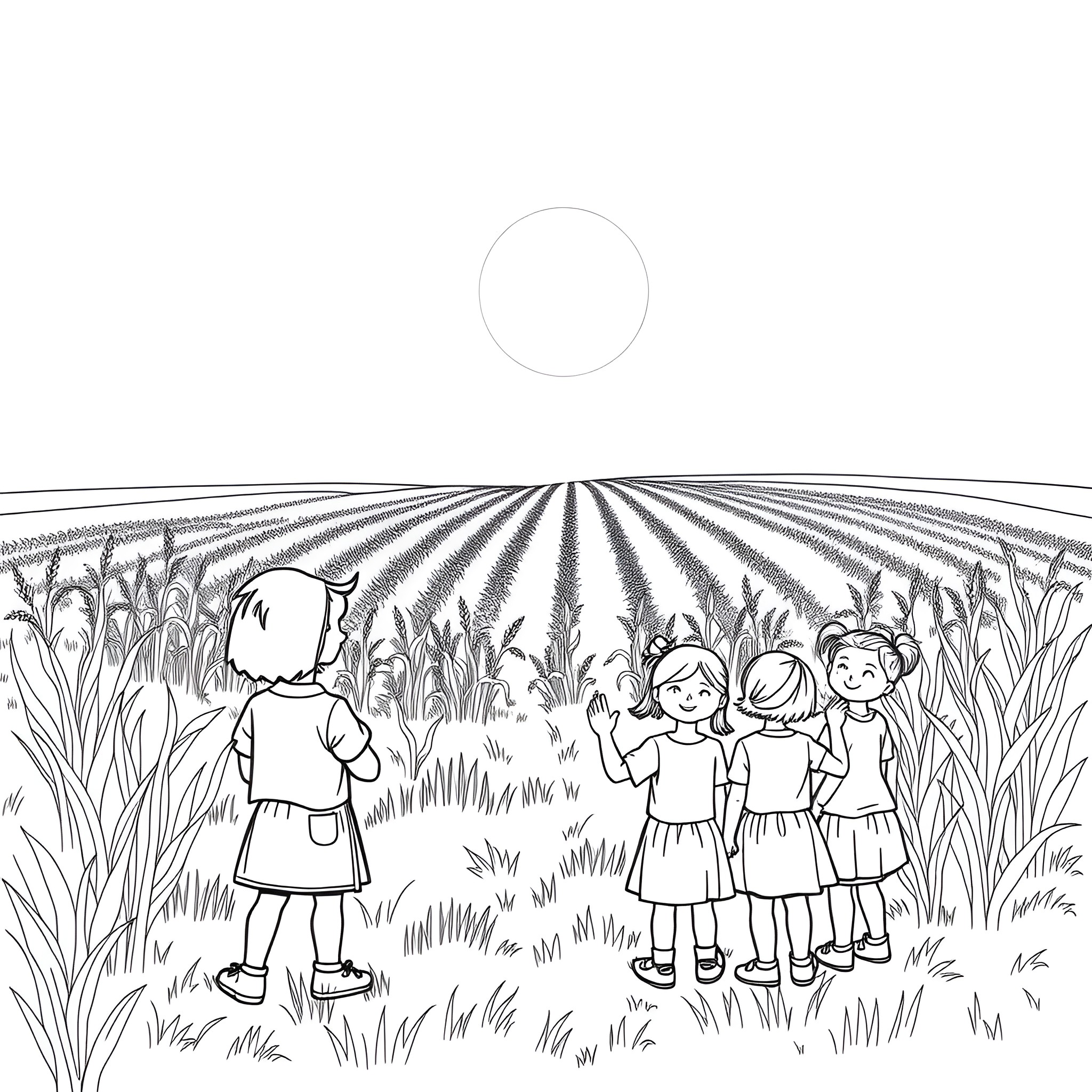 Farmer leading children through a field Coloring Page (free black-and-white line drawing printable PDF for all, from beginners to advanced learners, including children, teens, adults, and seniors)