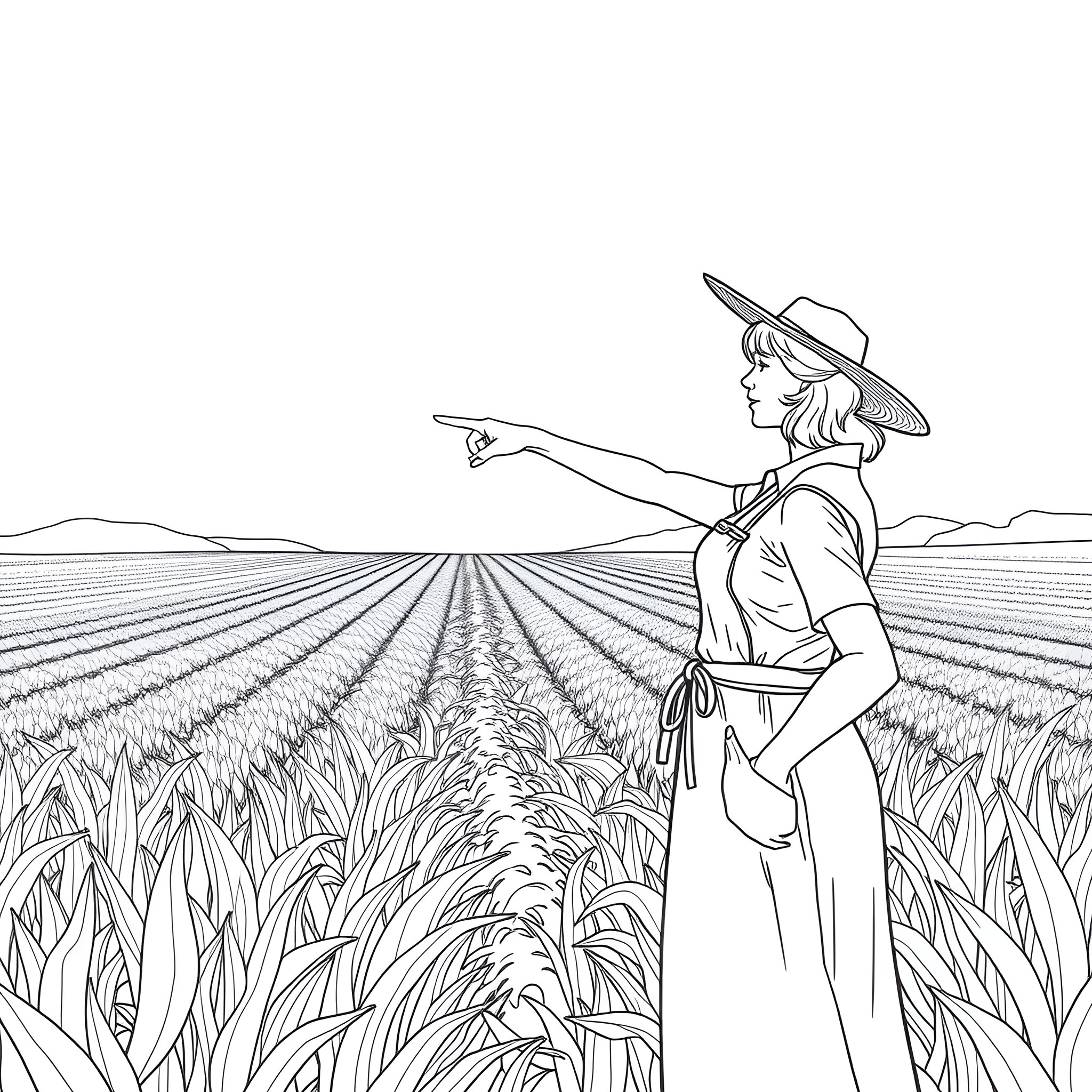 Farmer surveying their field in a wide open landscape Coloring Page (free black-and-white line drawing printable PDF for all, from beginners to advanced learners, including children, teens, adults, and seniors)