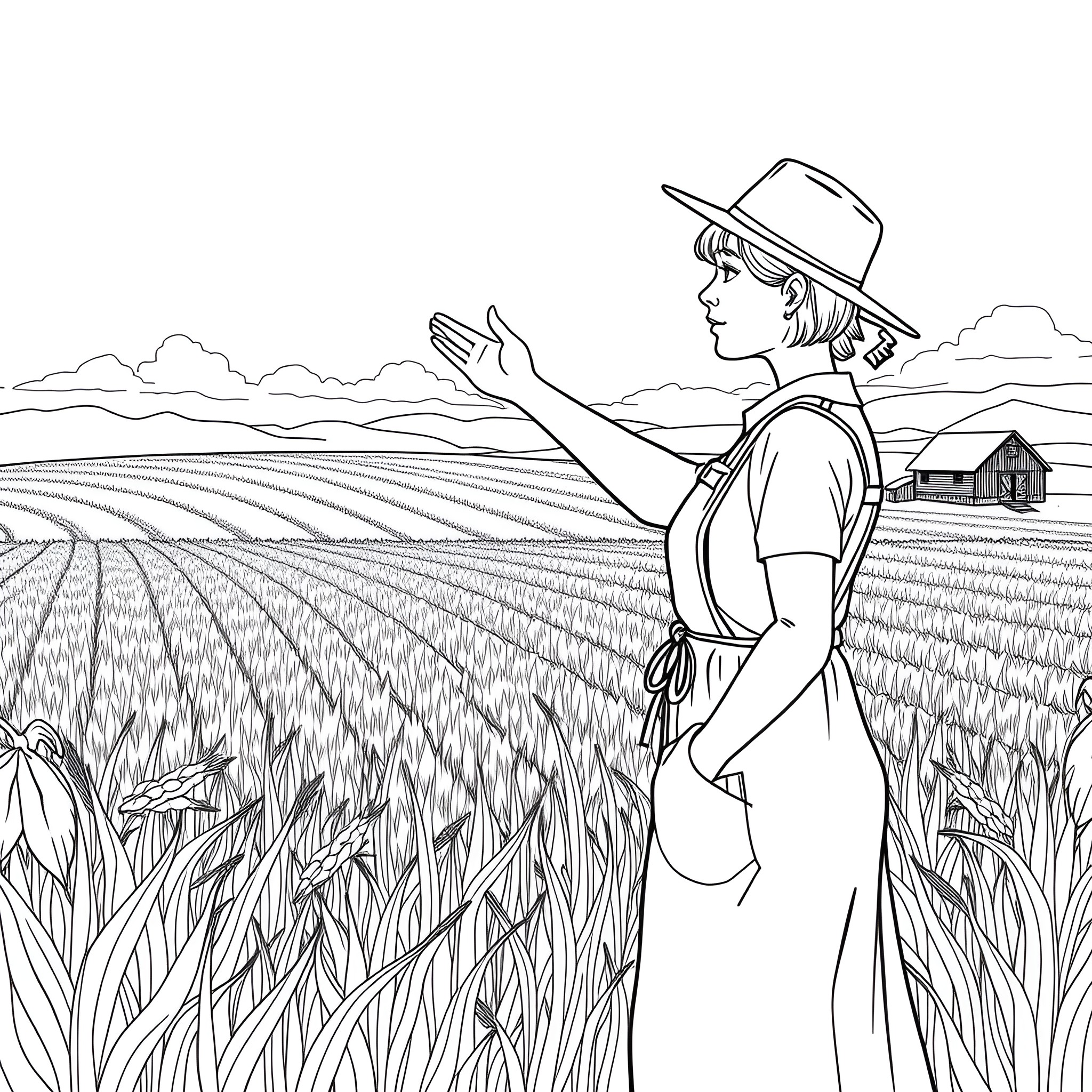 Farmer surveying the fields on a sunny day Coloring Page (free black-and-white line drawing printable PDF for all, from beginners to advanced learners, including children, teens, adults, and seniors)