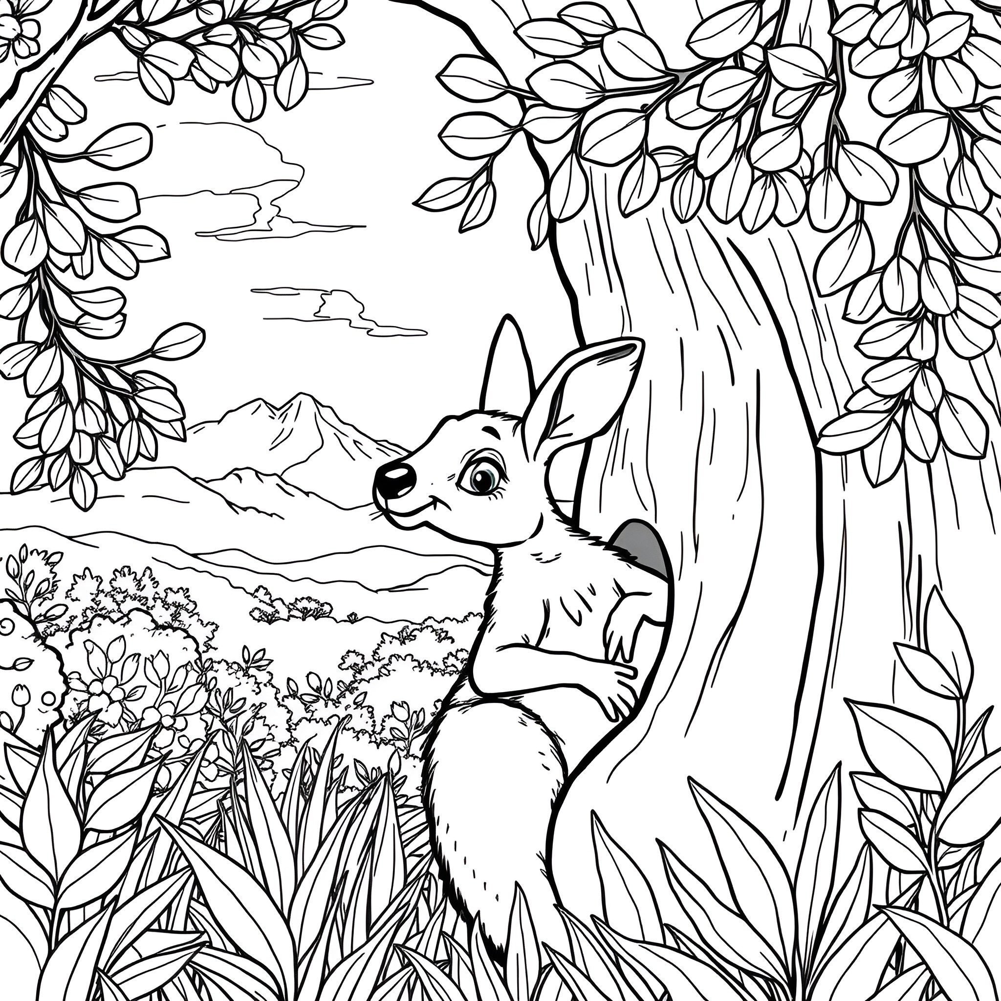 Baby Kangaroo Peering out from Lush Foliage Coloring Page (free black-and-white line drawing printable PDF for all, from beginners to advanced learners, including children, teens, adults, and seniors)