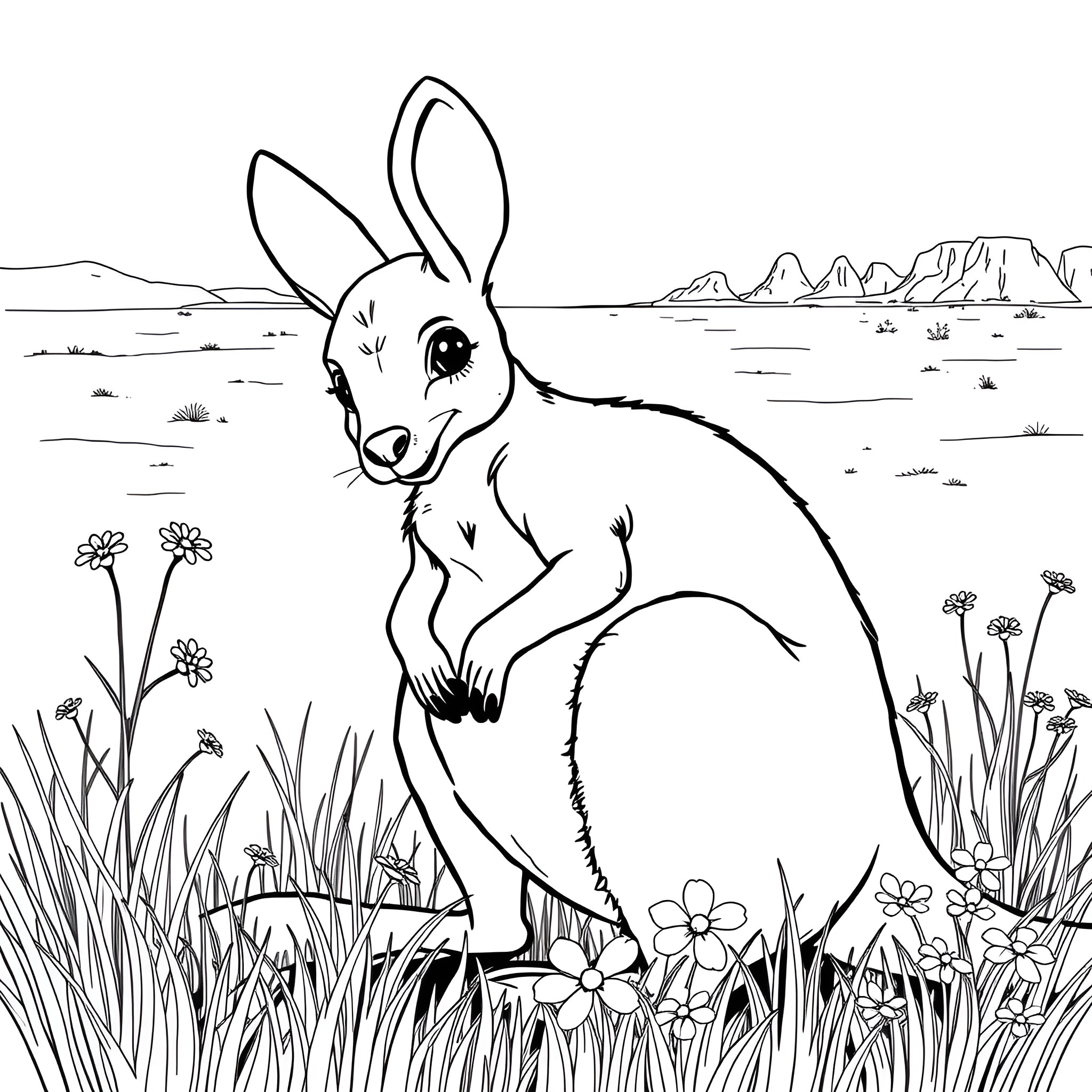 Baby Kangaroo in a Flower-filled Field Coloring Page (free black-and-white line drawing printable PDF for all, from beginners to advanced learners, including children, teens, adults, and seniors)
