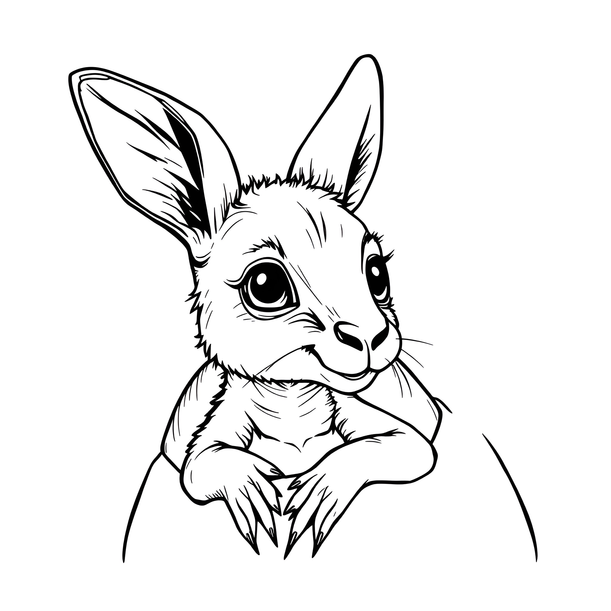 Baby Kangaroo with big eyes Coloring Page (free black-and-white line drawing printable PDF for all, from beginners to advanced learners, including children, teens, adults, and seniors)